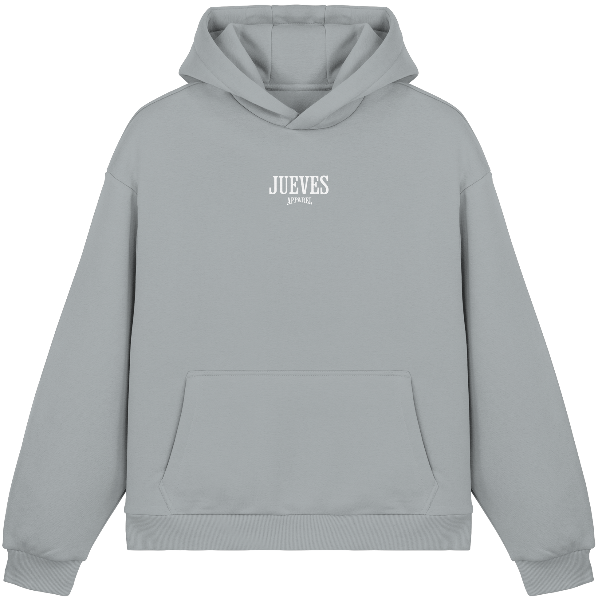 hellblauer Oversized Boxcut Hoodie von Jueves Apparel mit Brustdruck – nachhaltige Streetwear aus 70% Baumwolle
