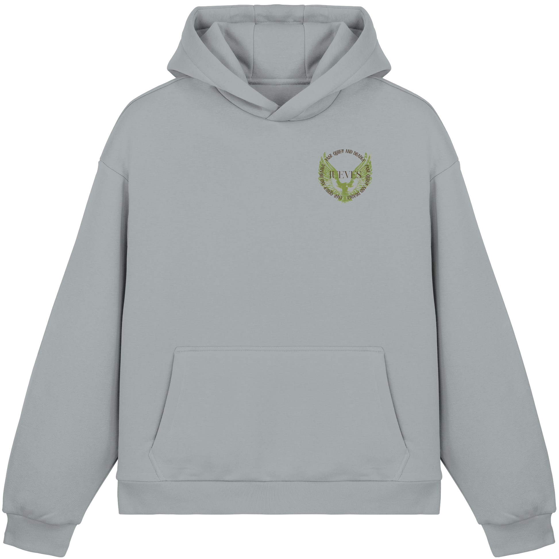 blauer Oversized Boxcut Hoodie von Jueves Apparel mit Brustdruck – nachhaltige Streetwear aus 70% Baumwolle