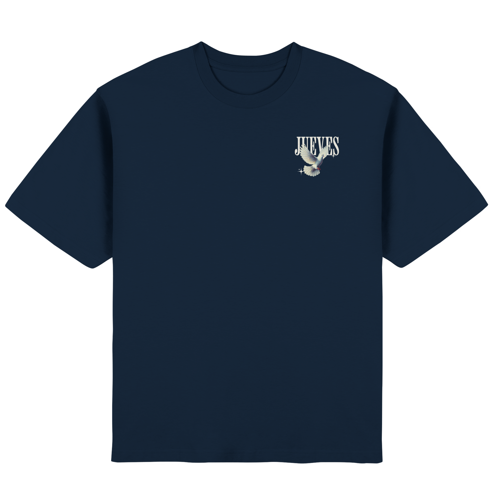 Frontansicht des blauen Oversized T-Shirts von Jueves Apparel mit Brustdruck – urbaner Streetwear-Look aus 100 % Baumwolle