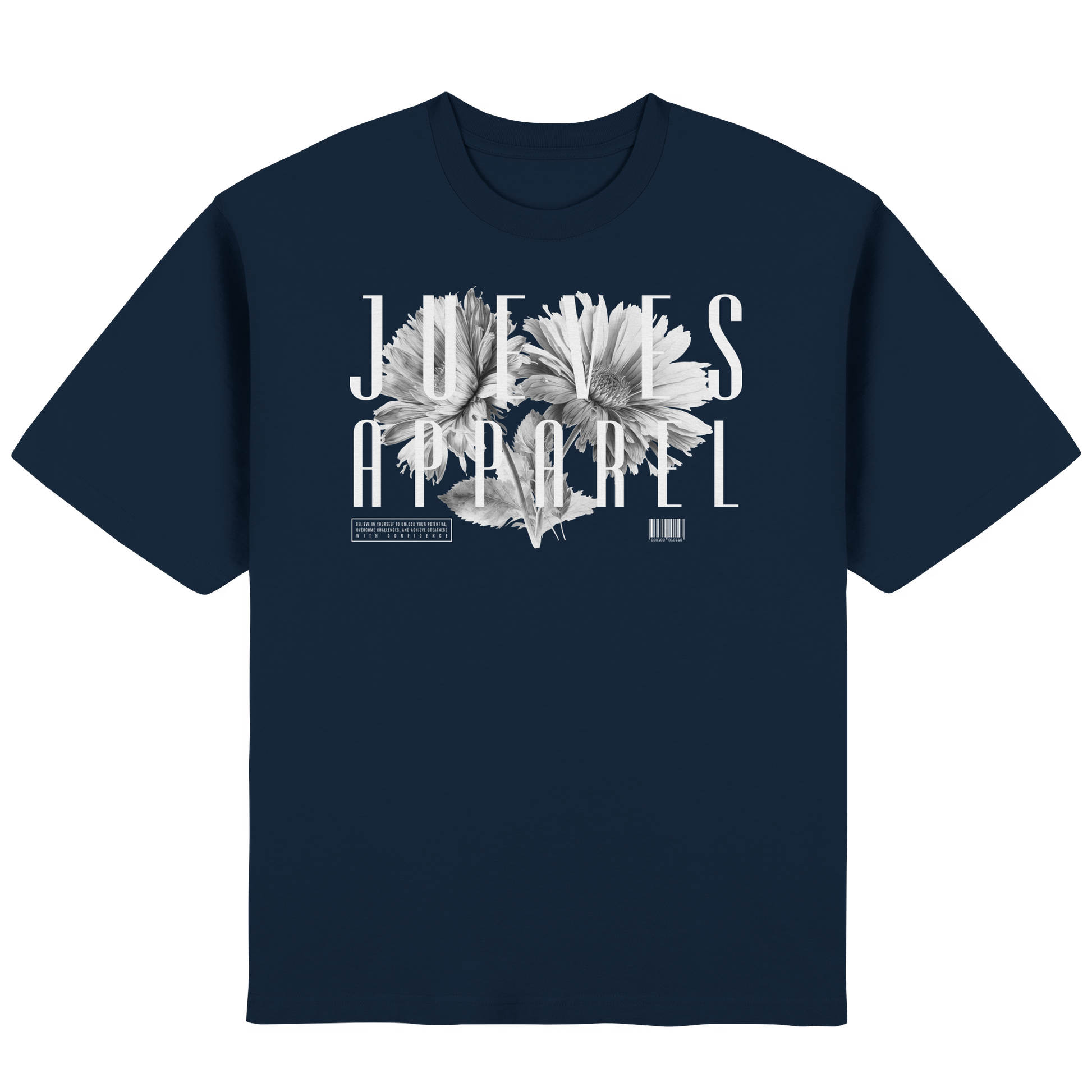 Frontansicht des blauen Oversized T-Shirts von Jueves Apparel mit Brustdruck – urbaner Streetwear-Look aus 100 % Baumwolle