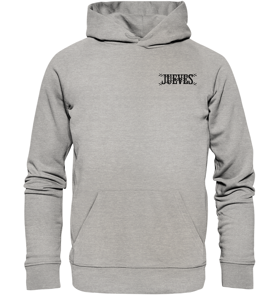 grauer Classic Hoodie von Jueves Apparel mit kleinem Brustdruck im klassischen Schnitt – nachhaltiger Streetwear-Look aus 100 % Bio-Baumwolle