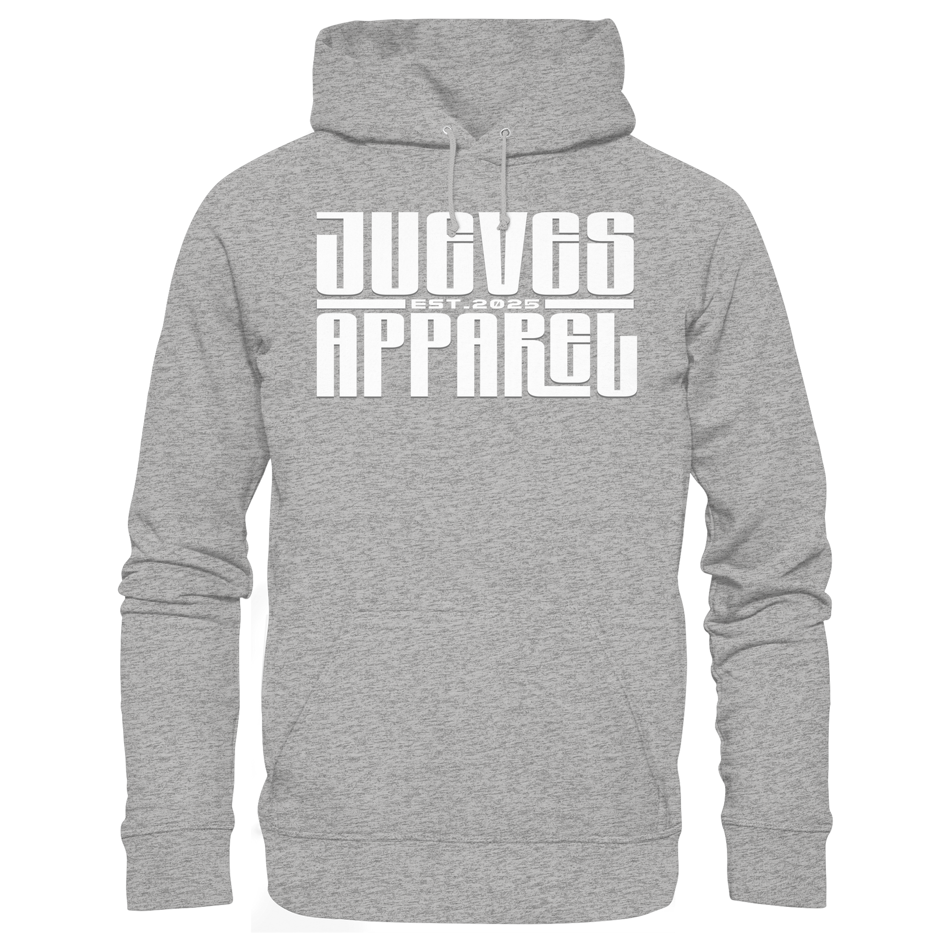 grauer Classic Hoodie von Jueves Apparel mit Brustdruck im klassischen Schnitt – nachhaltiger Streetwear-Look aus 100 % Bio-Baumwolle