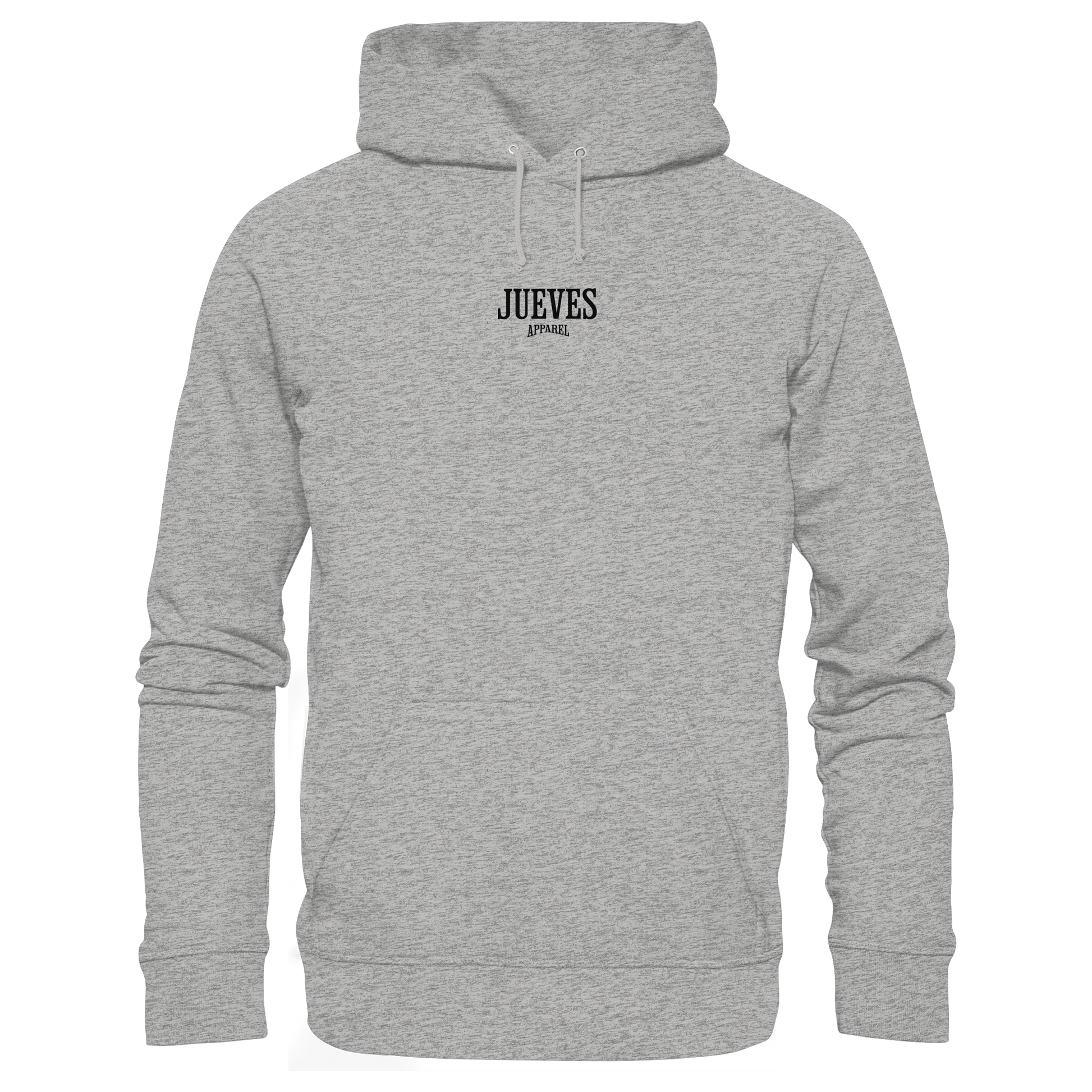 Grauer Classic Hoodie von Jueves Apparel mit kleinem Brustdruck im klassischen Schnitt – nachhaltiger Streetwear-Look aus 100 % Bio-Baumwolle