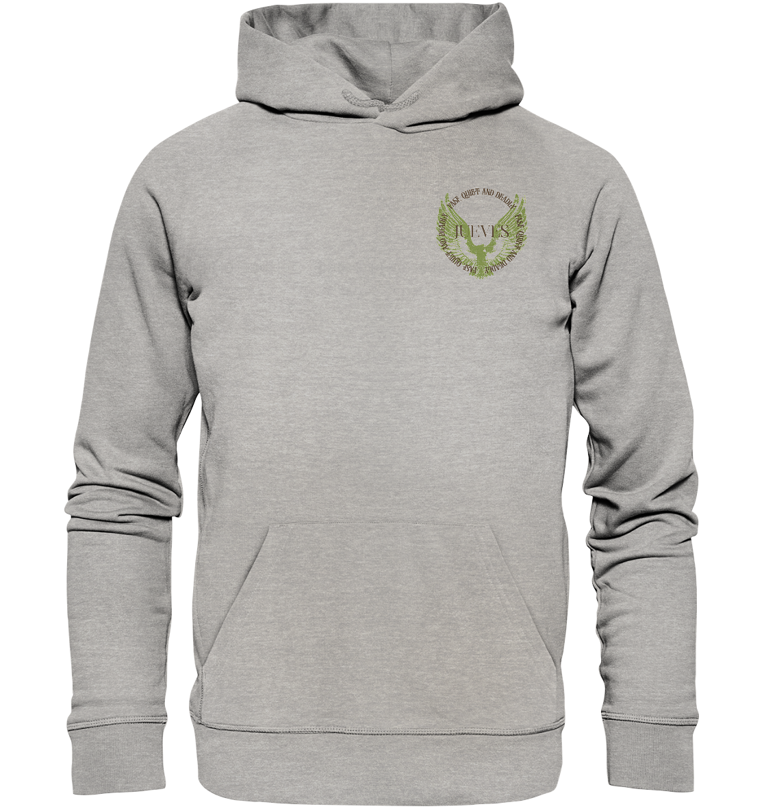 grauer Classic Hoodie von Jueves Apparel mit kleinem Brustdruck im klassischen Schnitt – nachhaltiger Streetwear-Look aus 100 % Bio-Baumwolle