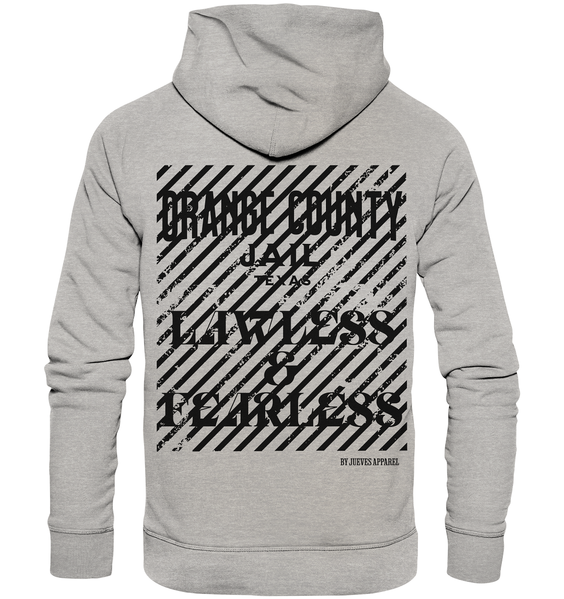 grauer Jueves Apparel Classic Hoodie mit markantem Rückendruck – urbaner Streetwear-Style aus Bio-Baumwolle