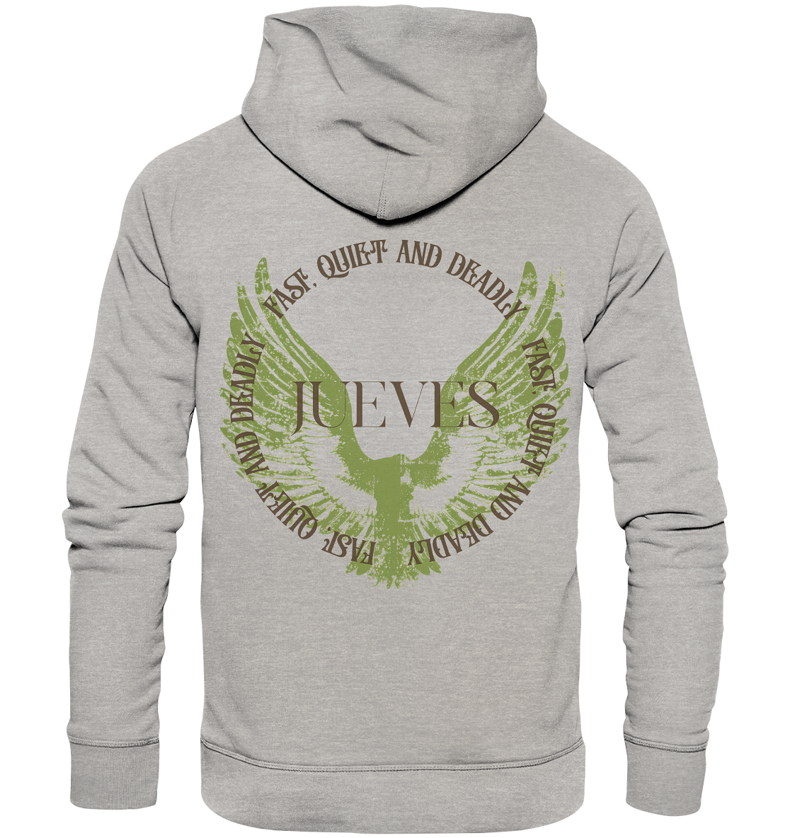 grauer Jueves Apparel Classic Hoodie mit markantem Rückendruck – urbaner Streetwear-Style aus Bio-Baumwolle