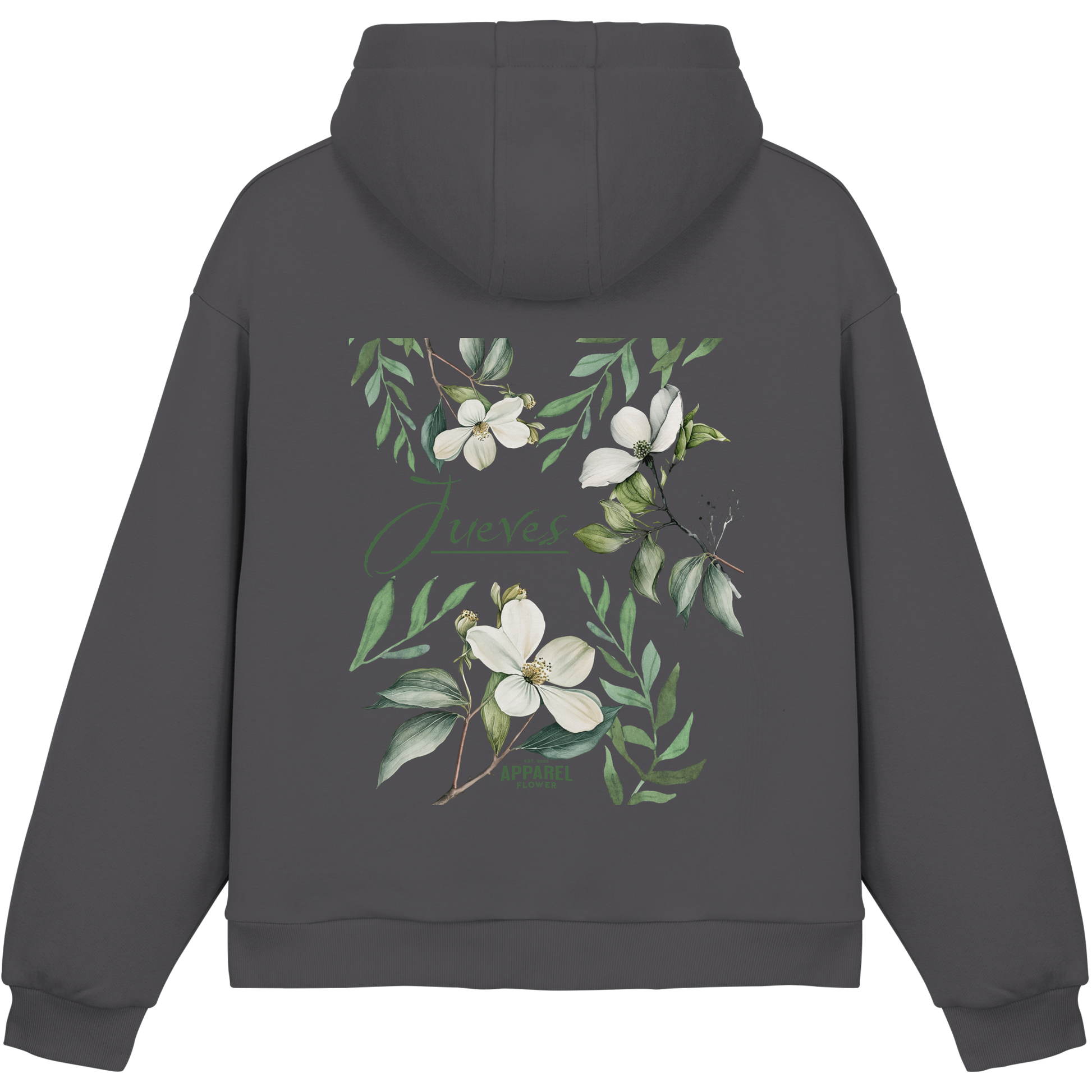 dunkelgrauer Jueves Apparel Oversized Boxcut Hoodie mit markantem Rückendruck – urbaner Streetwear-Style aus Baumwolle