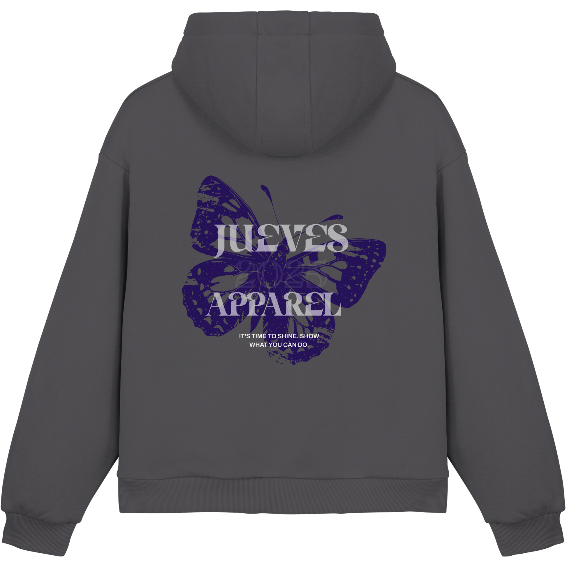 dunkelgrauer Jueves Apparel Oversized Boxcut Hoodie mit markantem Rückendruck – urbaner Streetwear-Style aus Baumwolle