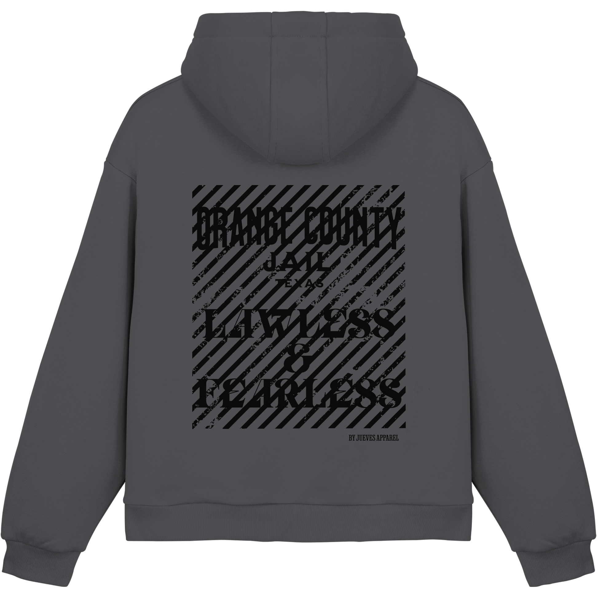 dunkelgrauer Jueves Apparel Oversized Boxcut Hoodie mit markantem Rückendruck – urbaner Streetwear-Style aus Baumwolle