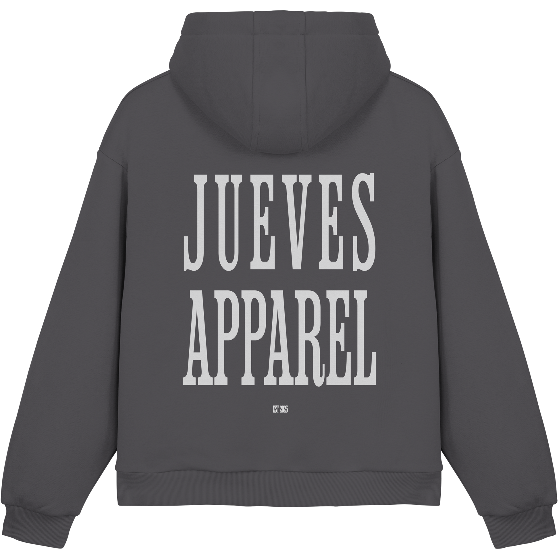 dunkelgrauer Jueves Apparel Oversized Boxcut Hoodie mit markantem Rückendruck – urbaner Streetwear-Style aus Baumwolle