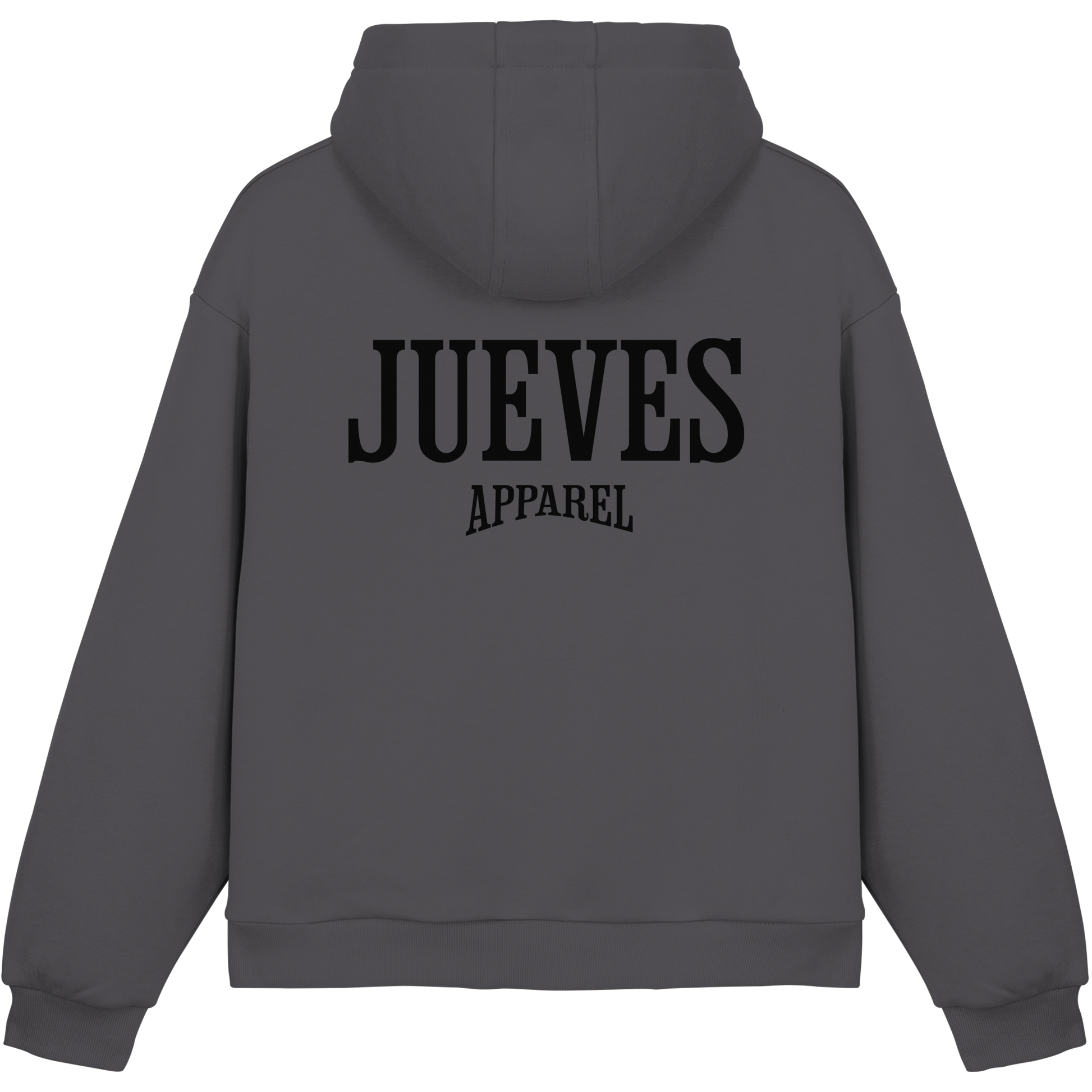 dunkelgrauer Jueves Apparel Oversized Boxcut Hoodie mit markantem Rückendruck – urbaner Streetwear-Style aus Baumwolle