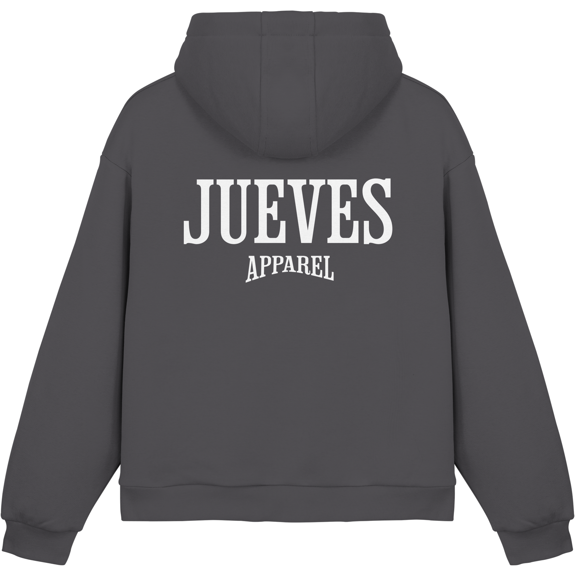 dunkelgrauer Jueves Apparel Oversized Boxcut Hoodie mit markantem Rückendruck – urbaner Streetwear-Style aus Baumwolle