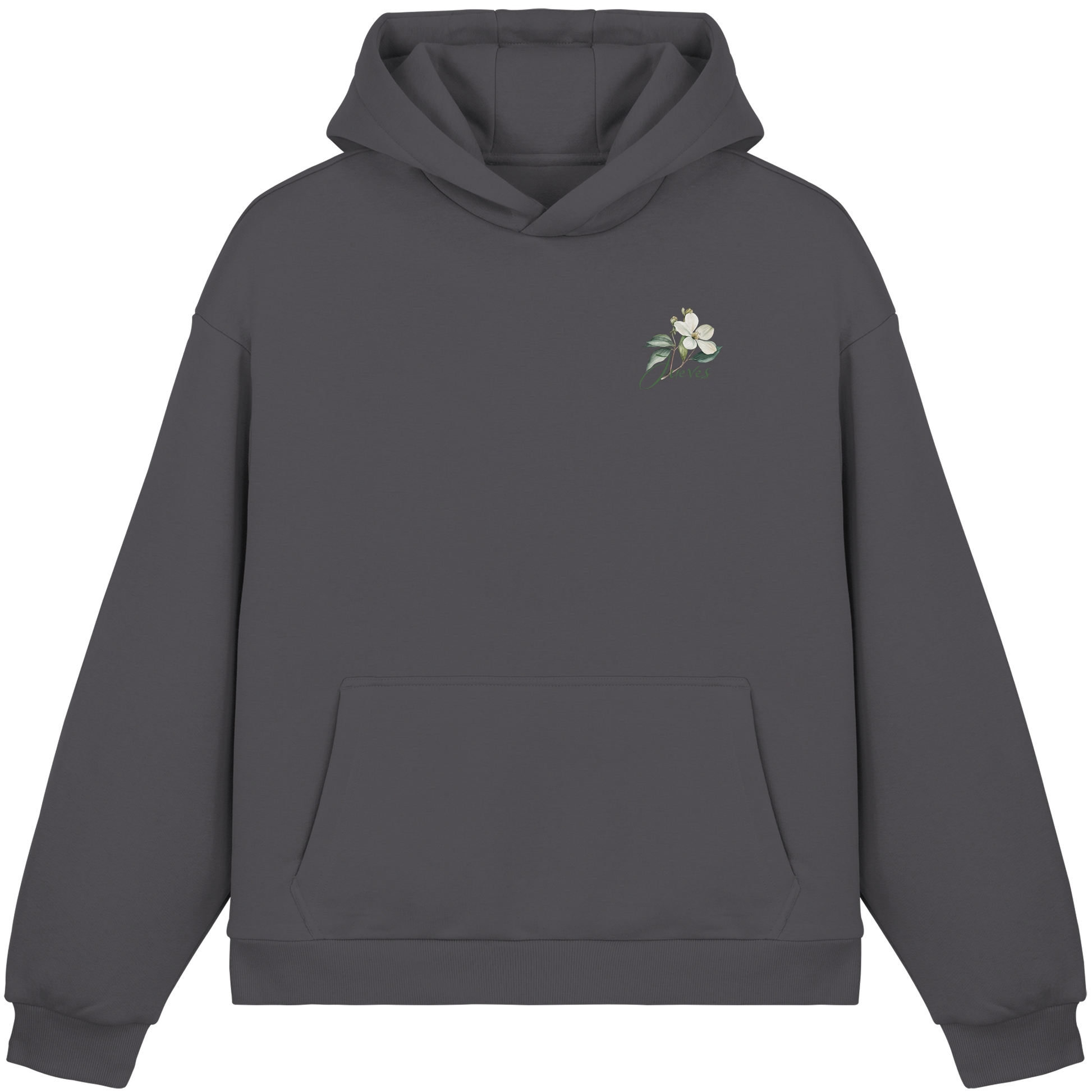 dunkelgrauer Oversized Boxcut Hoodie von Jueves Apparel mit Brustdruck – nachhaltige Streetwear aus 70% Baumwolle