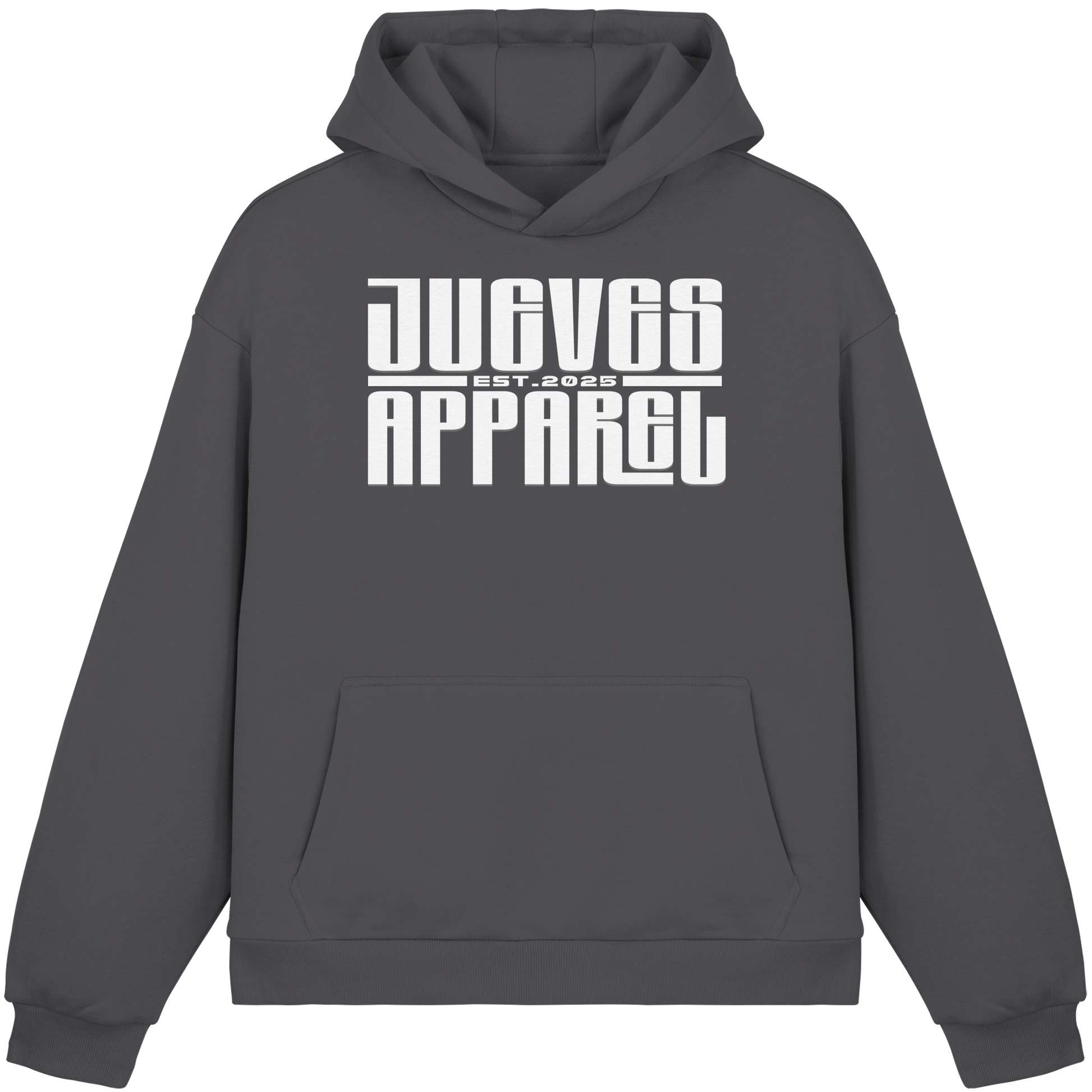 dunkelgrauer Oversized Boxcut Hoodie von Jueves Apparel mit Brustdruck – nachhaltige Streetwear aus 70% Baumwolle