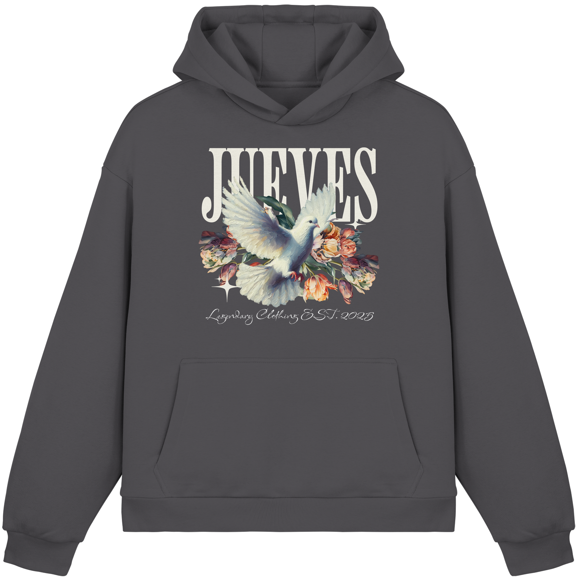 dunkelgrauer Oversized Boxcut Hoodie von Jueves Apparel mit Brustdruck – nachhaltige Streetwear aus 70% Baumwolle
