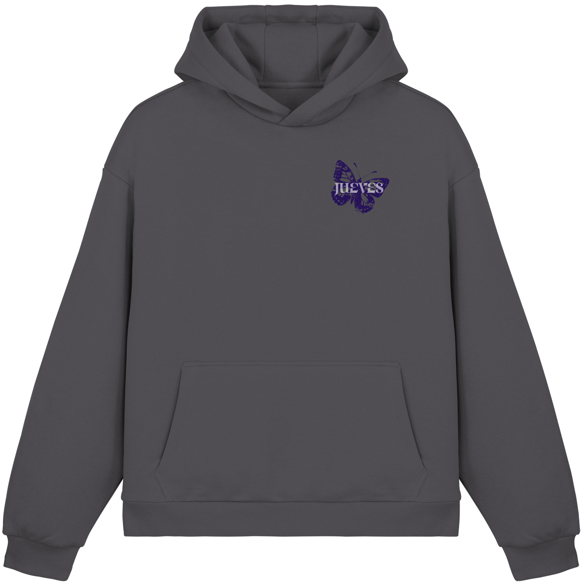 dunkelgrauer Oversized Boxcut Hoodie von Jueves Apparel mit Brustdruck – nachhaltige Streetwear aus 70% Baumwolle