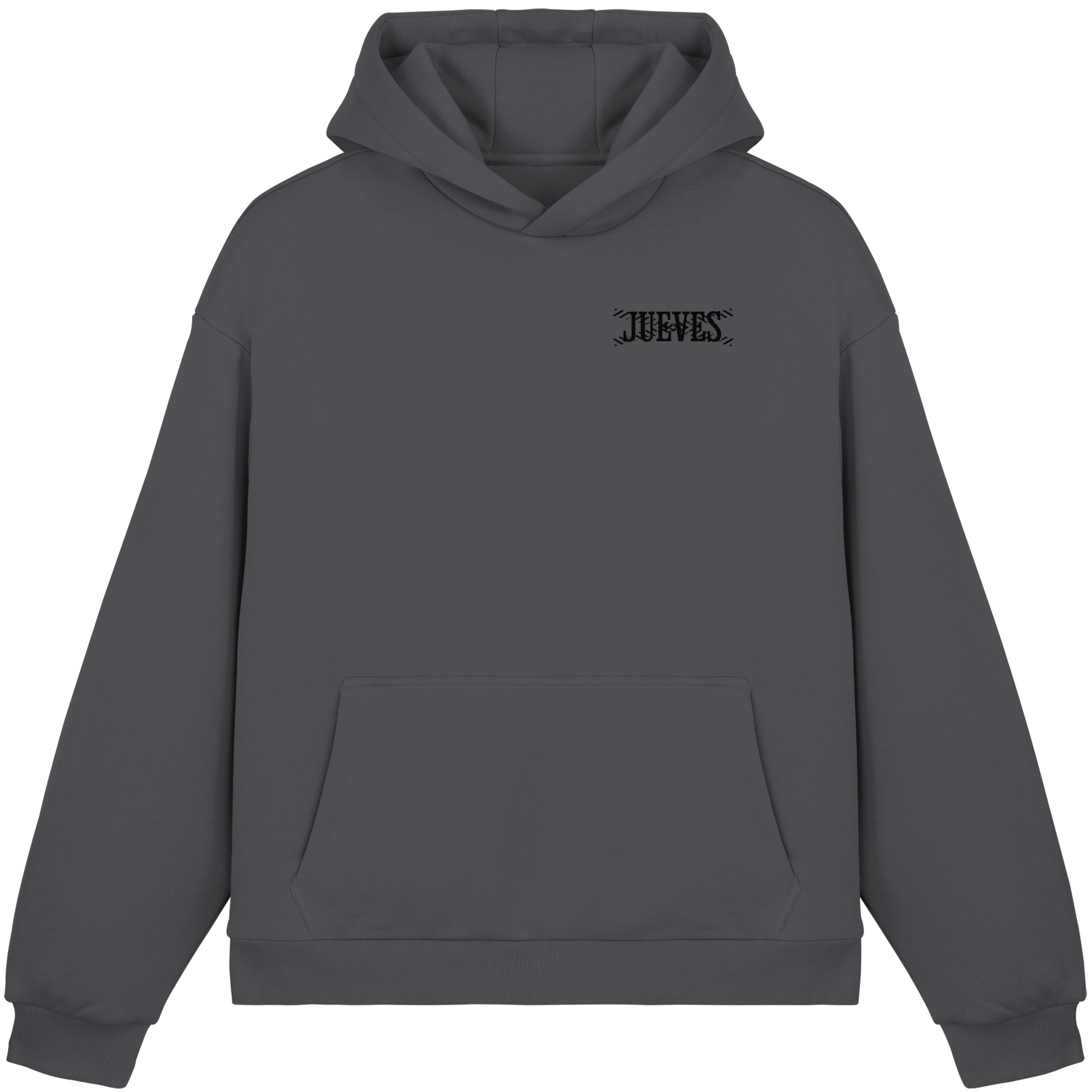 dunkelgrauer Oversized Boxcut Hoodie von Jueves Apparel mit Brustdruck – nachhaltige Streetwear aus 70% Baumwolle