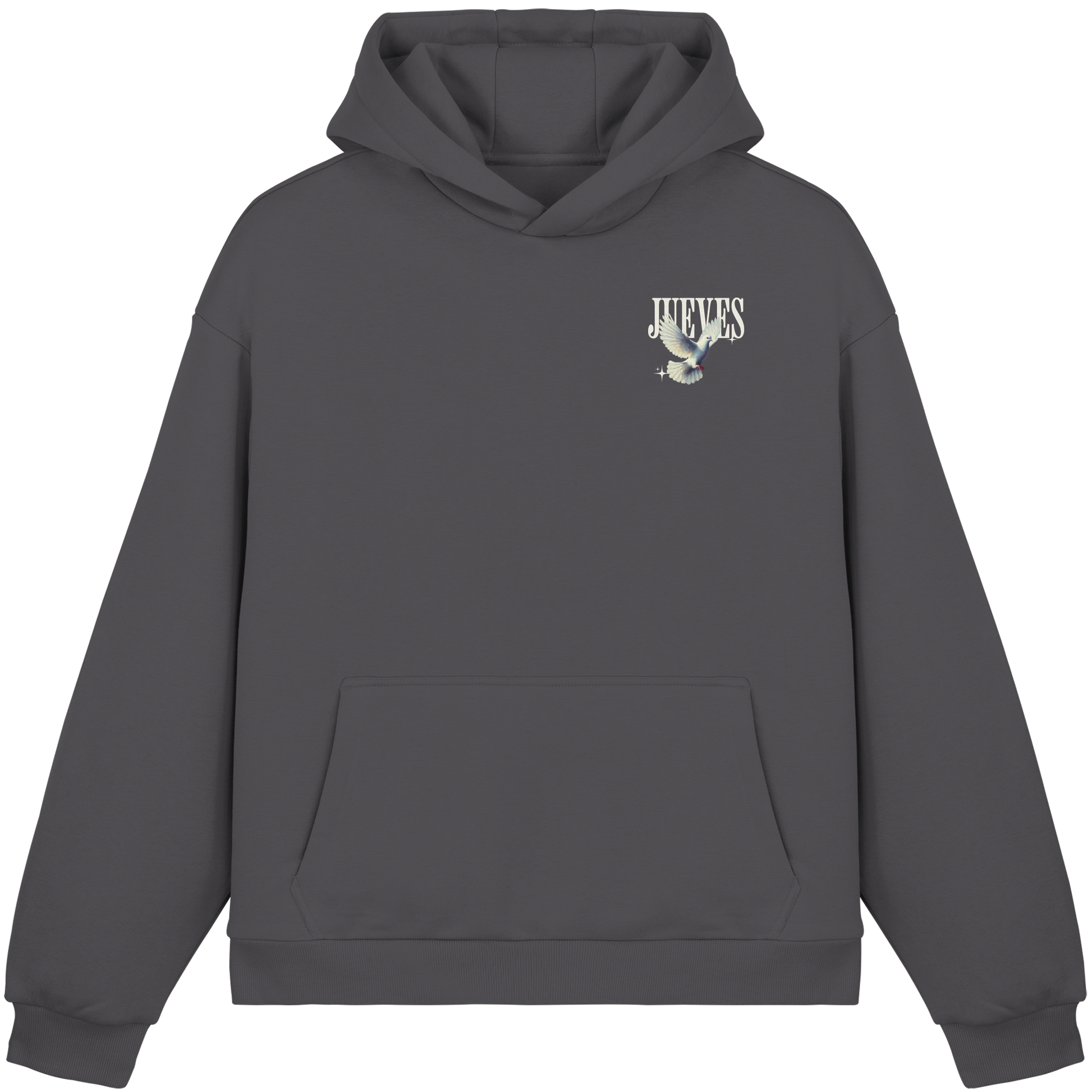 dunkelgrauer Oversized Boxcut Hoodie von Jueves Apparel mit Brustdruck – nachhaltige Streetwear aus 70% Baumwolle