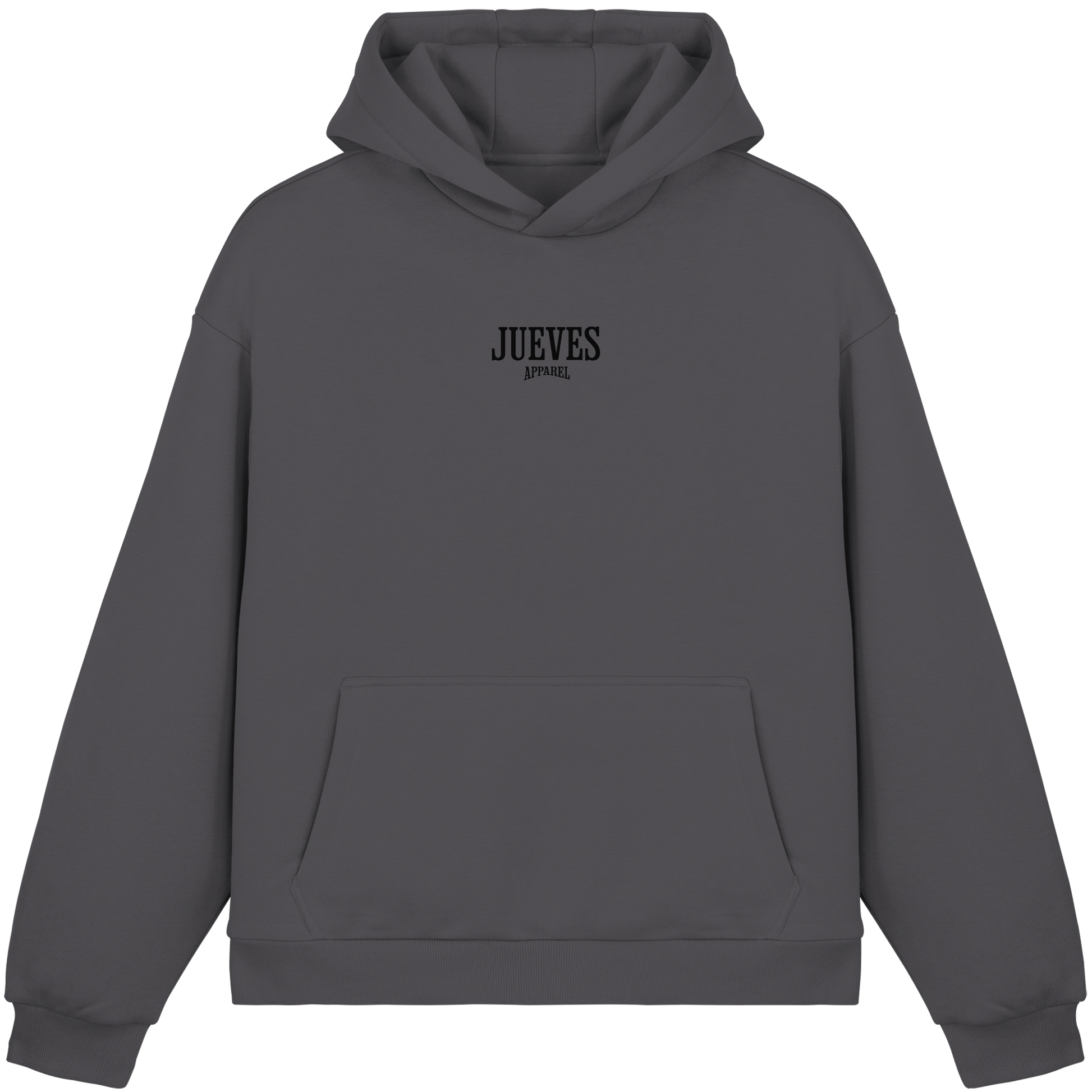 dunkelgrauer Oversized Boxcut Hoodie von Jueves Apparel mit Brustdruck – nachhaltige Streetwear aus 70% Baumwolle
