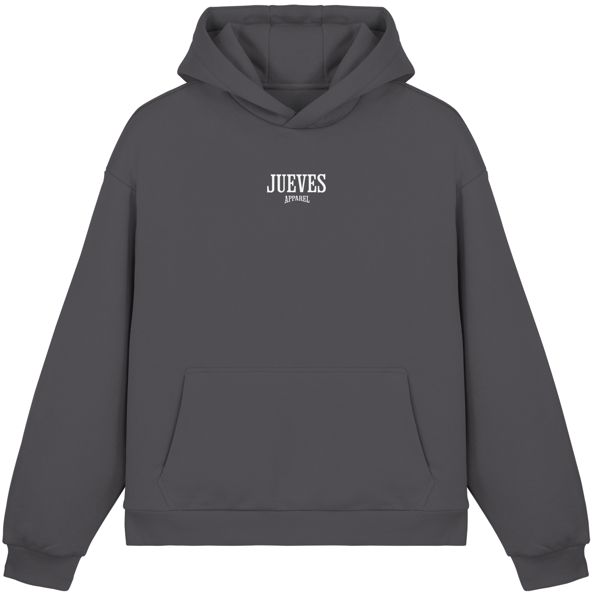 dunkelgrauer Oversized Boxcut Hoodie von Jueves Apparel mit Brustdruck – nachhaltige Streetwear aus 70% Baumwolle