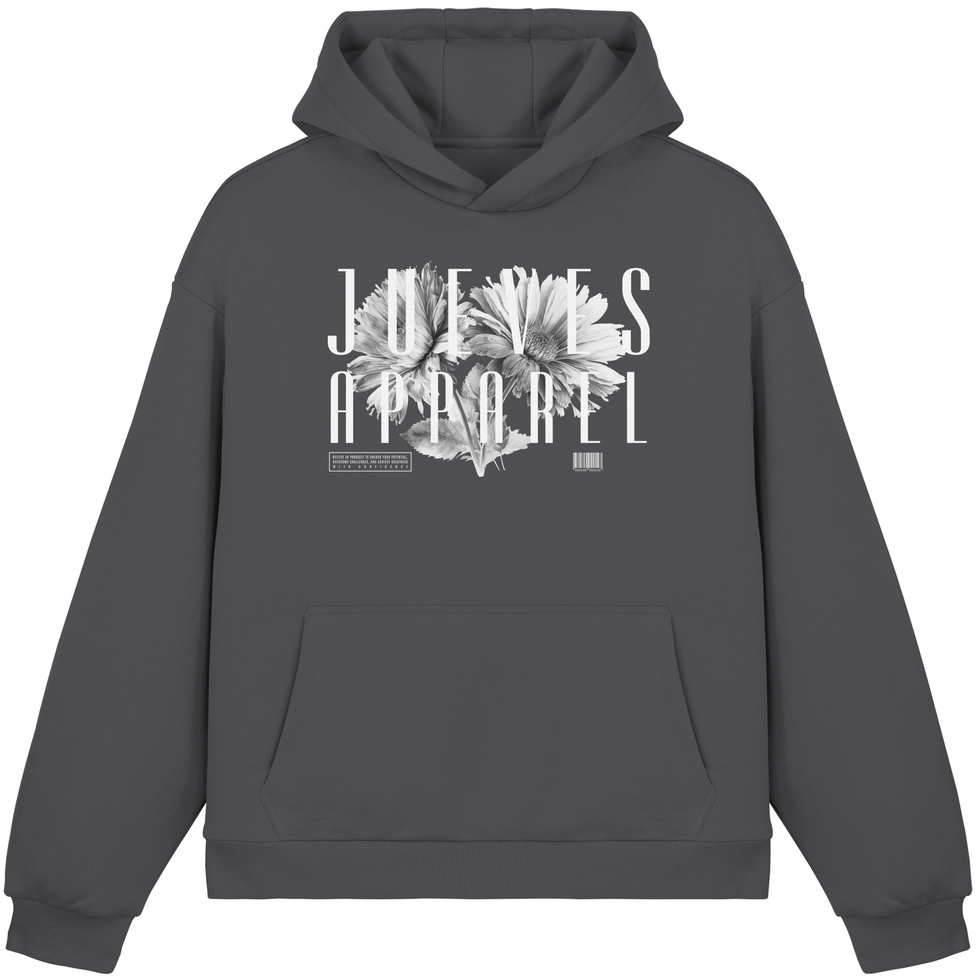 dunkelgrauer Oversized Boxcut Hoodie von Jueves Apparel mit Brustdruck – nachhaltige Streetwear aus 70% Baumwolle