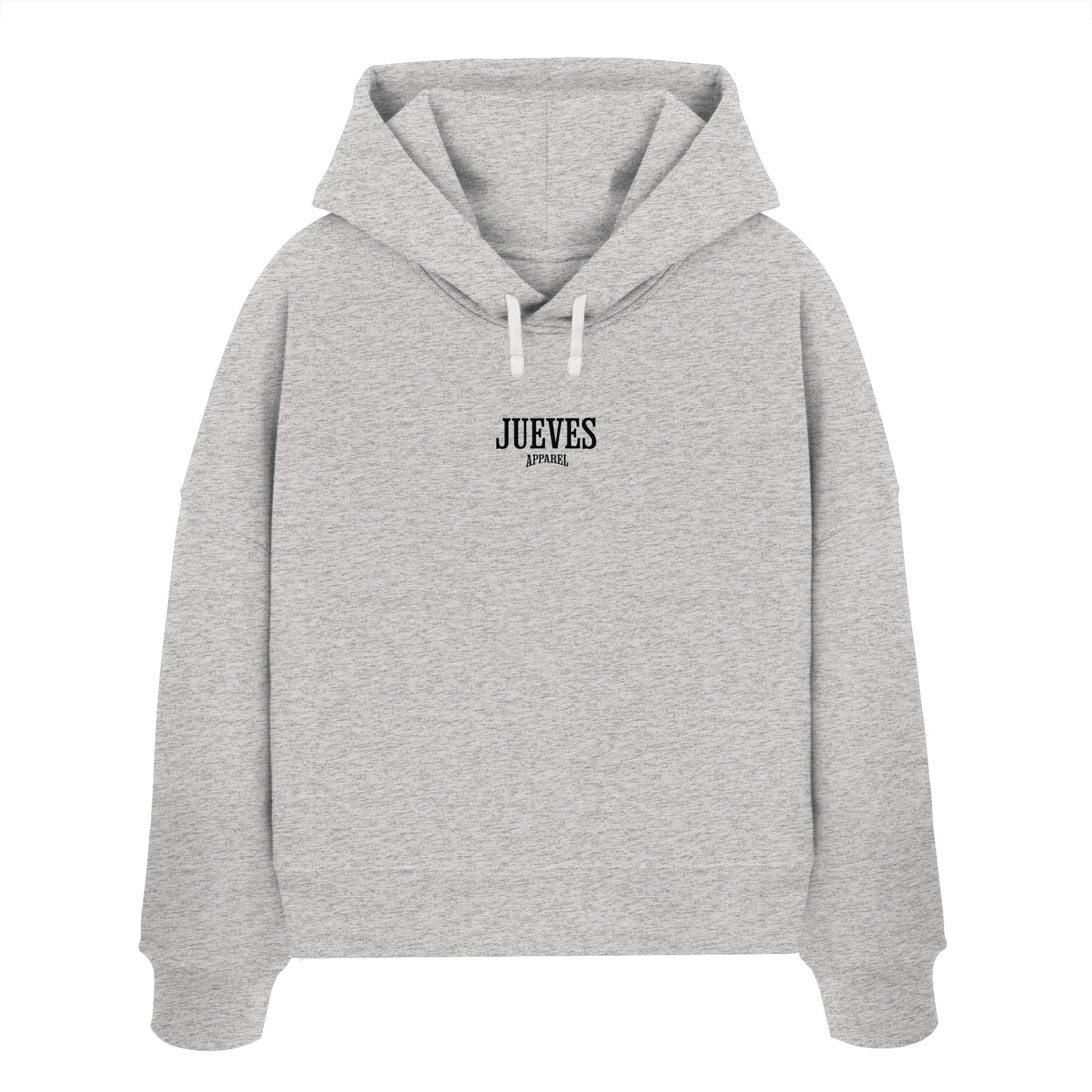 Frontansicht des grauen Damen oversized Boxcut Hoodies von Jueves Apparel mit oversized Schnitt, Druck auf der Brust– Streetwear aus 100 % Bio-Baumwolle, 300 g/m² Stoffgewicht.