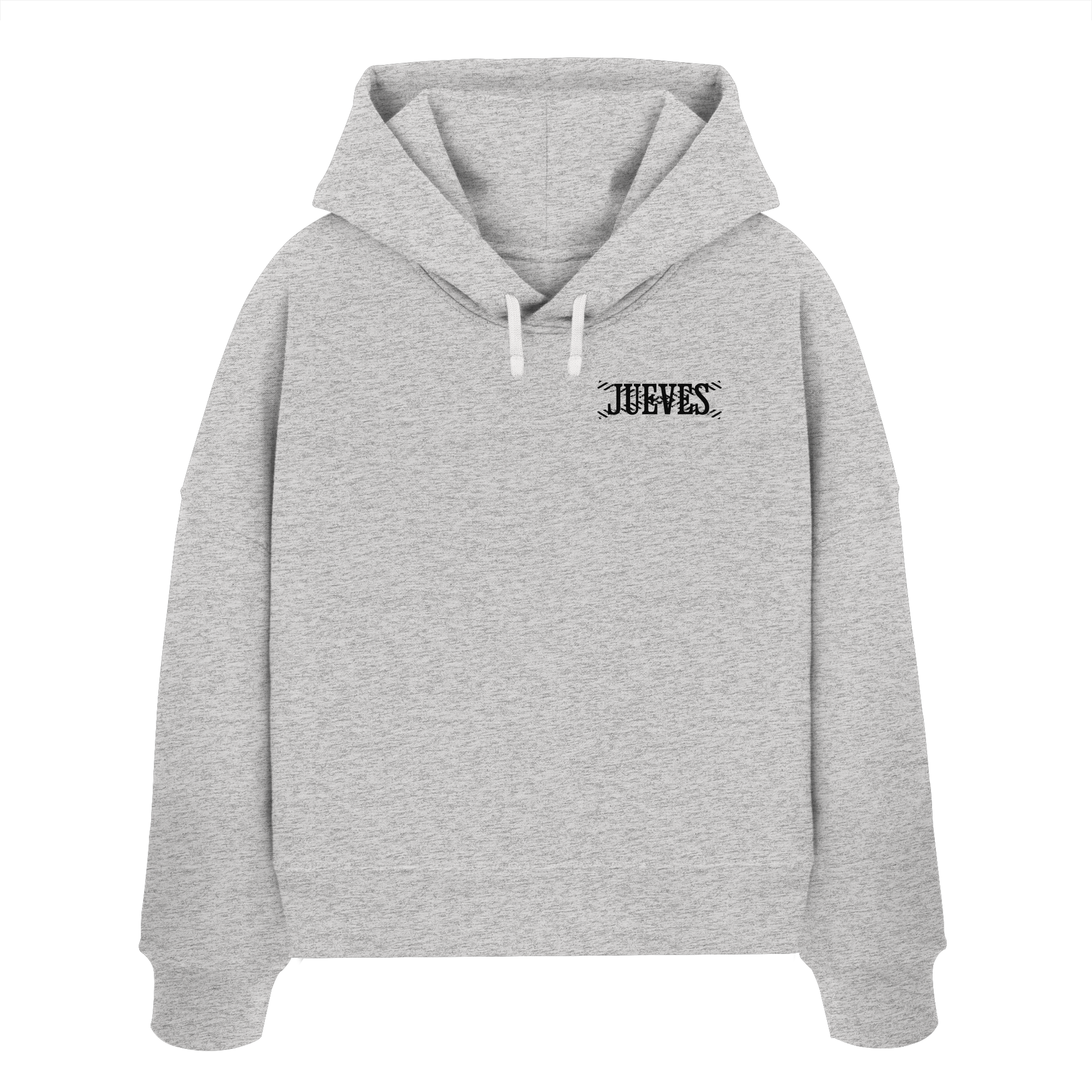 Frontansicht des grauen Damen oversized Boxcut Hoodies von Jueves Apparel mit oversized Schnitt, Druck auf der Brust– Streetwear aus 100 % Bio-Baumwolle, 300 g/m² Stoffgewicht.