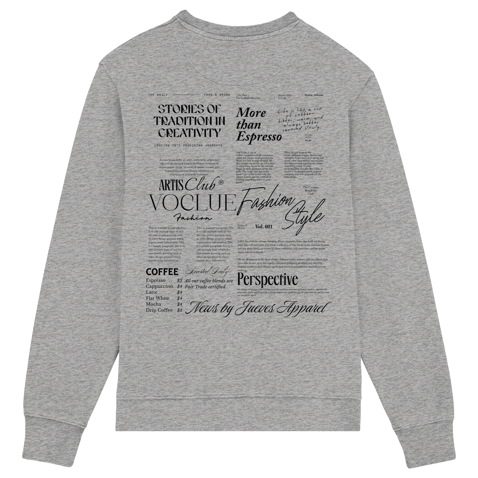 Rückansicht des grauen Classic Sweatshirts von Jueves Apparel mit großem Rückendruck – klassischer Fit aus 85 % Bio-Baumwolle, 15 % Polyester, 300 g/m² Stoffgewicht.