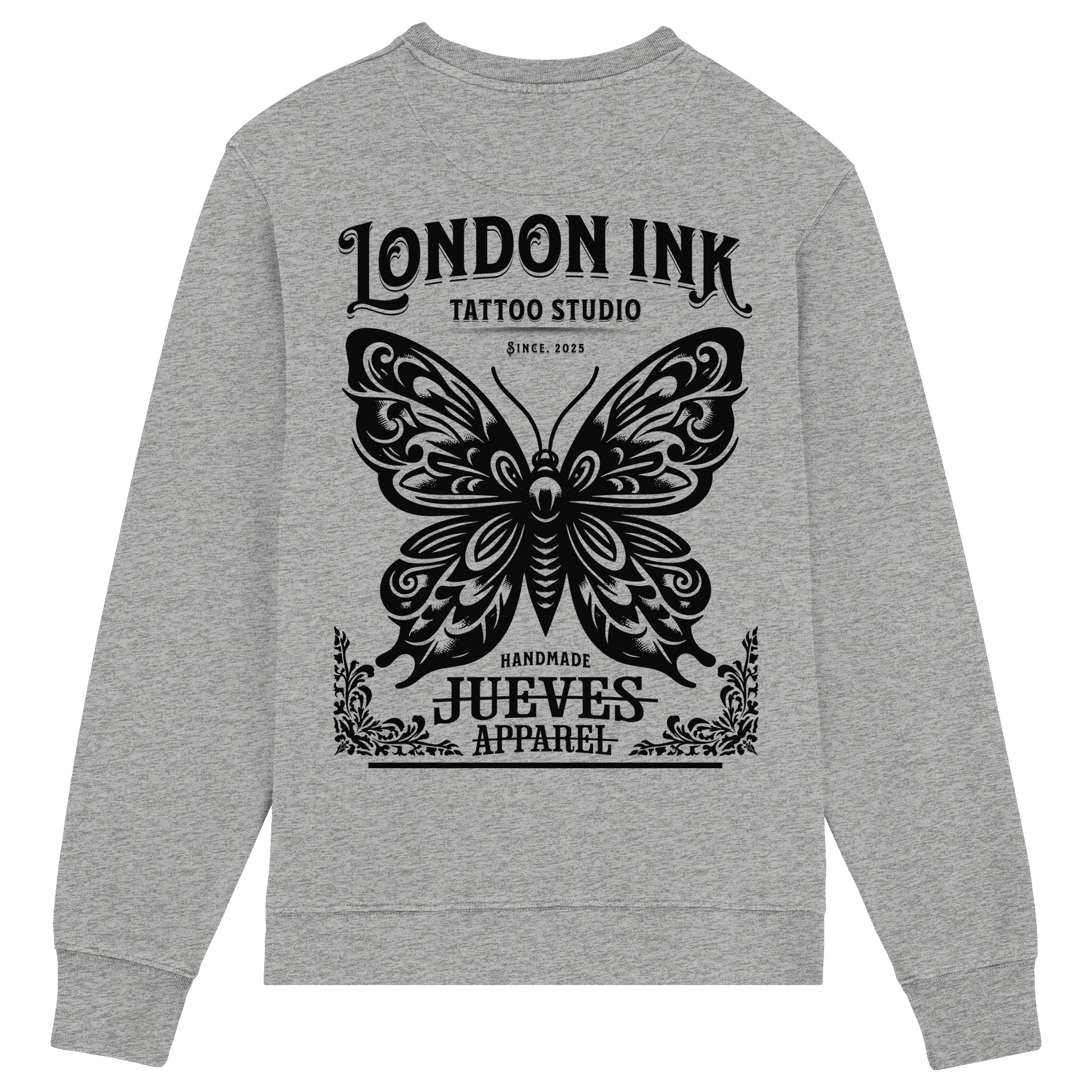Rückansicht des grauen Classic Sweatshirts von Jueves Apparel mit großem Rückendruck – klassischer Fit aus 85 % Bio-Baumwolle, 15 % Polyester, 300 g/m² Stoffgewicht.