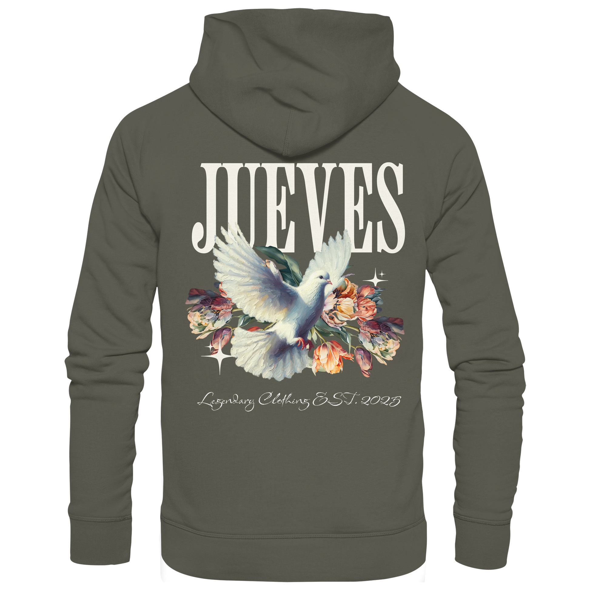 khaki Jueves Apparel Classic Hoodie mit markantem Rückendruck – urbaner Streetwear-Style aus Bio-Baumwolle