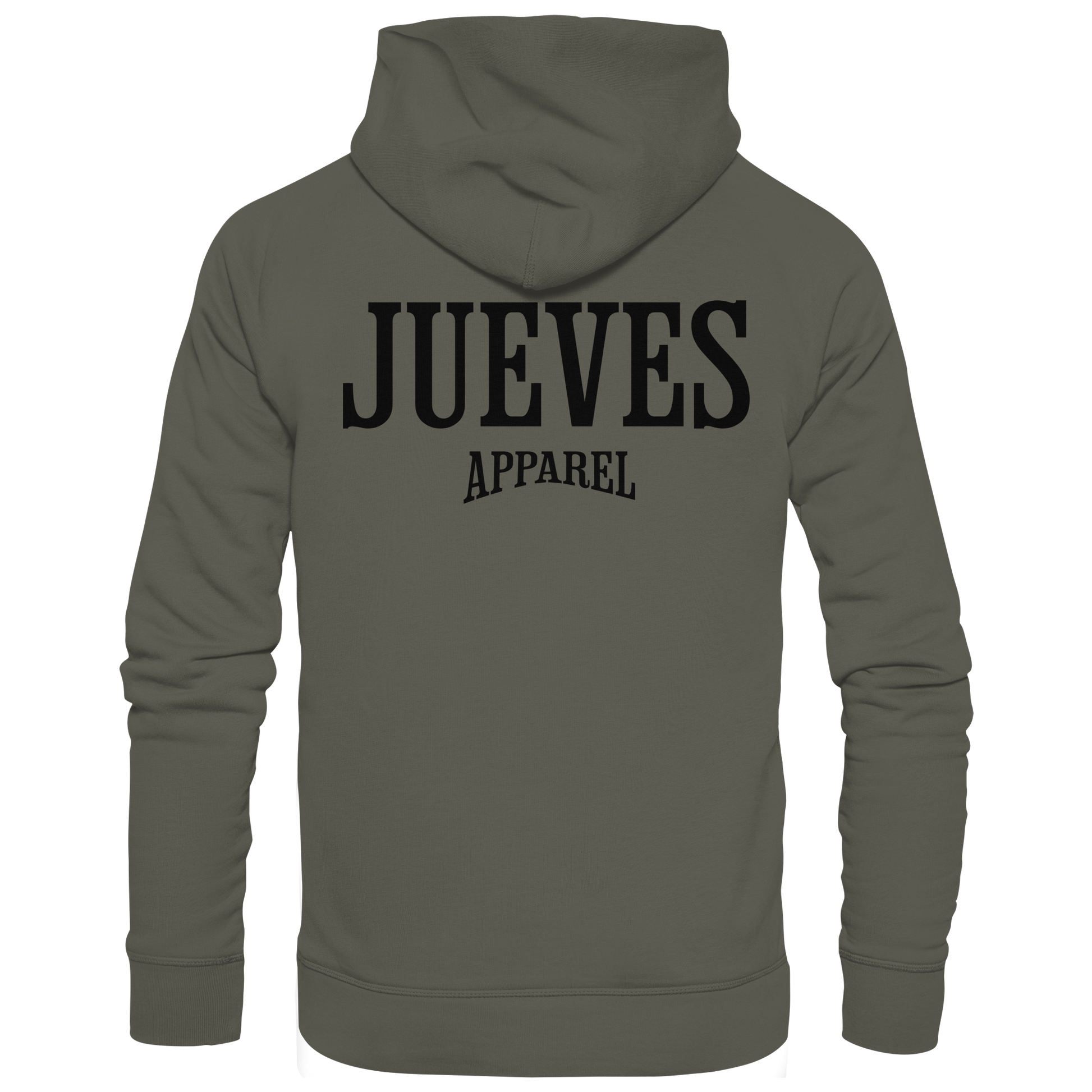 khaki Jueves Apparel Classic Hoodie mit markantem Rückendruck – urbaner Streetwear-Style aus Bio-Baumwolle