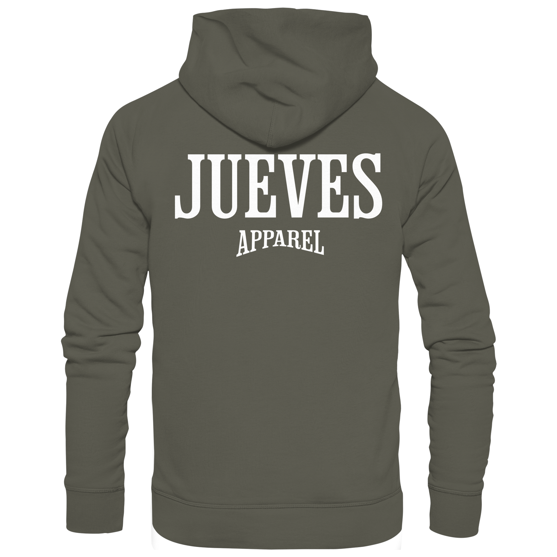 khaki Jueves Apparel Classic Hoodie mit markantem Rückendruck – urbaner Streetwear-Style aus Bio-Baumwolle