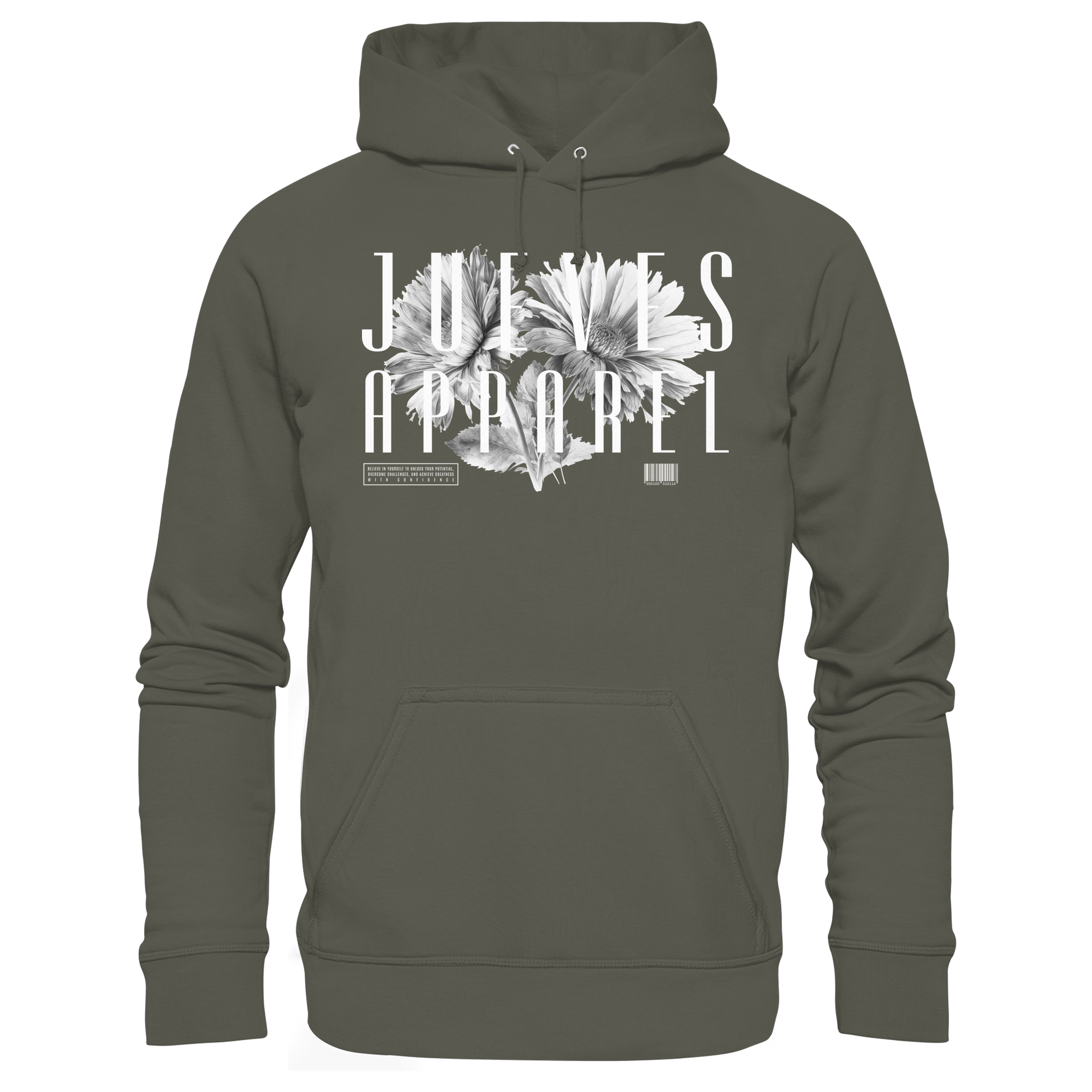 khaki Classic Hoodie von Jueves Apparel mit  Brustdruck im klassischen Schnitt – nachhaltiger Streetwear-Look aus 100 % Bio-Baumwolle