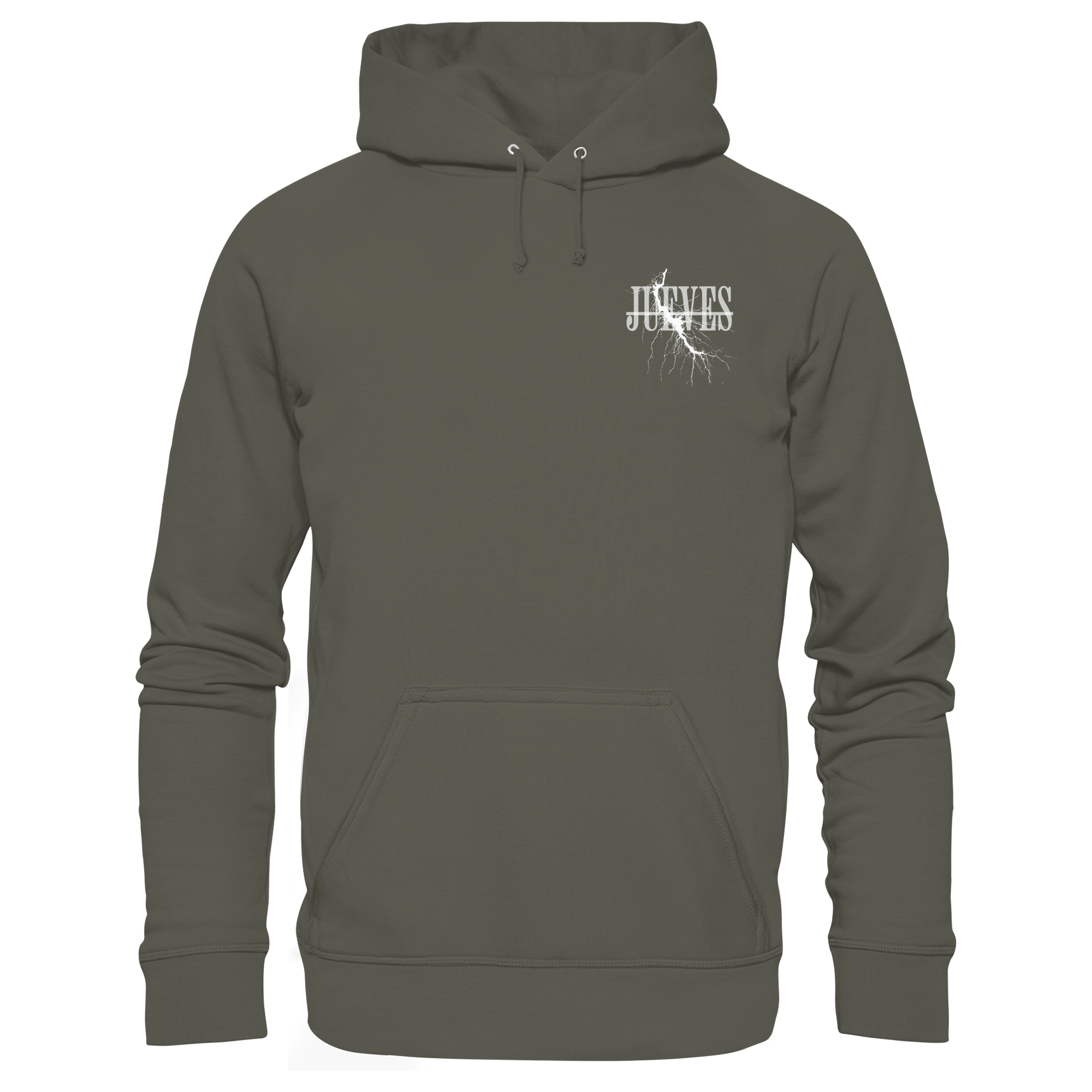 khaki Classic Hoodie von Jueves Apparel mit kleinem Brustdruck im klassischen Schnitt – nachhaltiger Streetwear-Look aus 100 % Bio-Baumwolle
