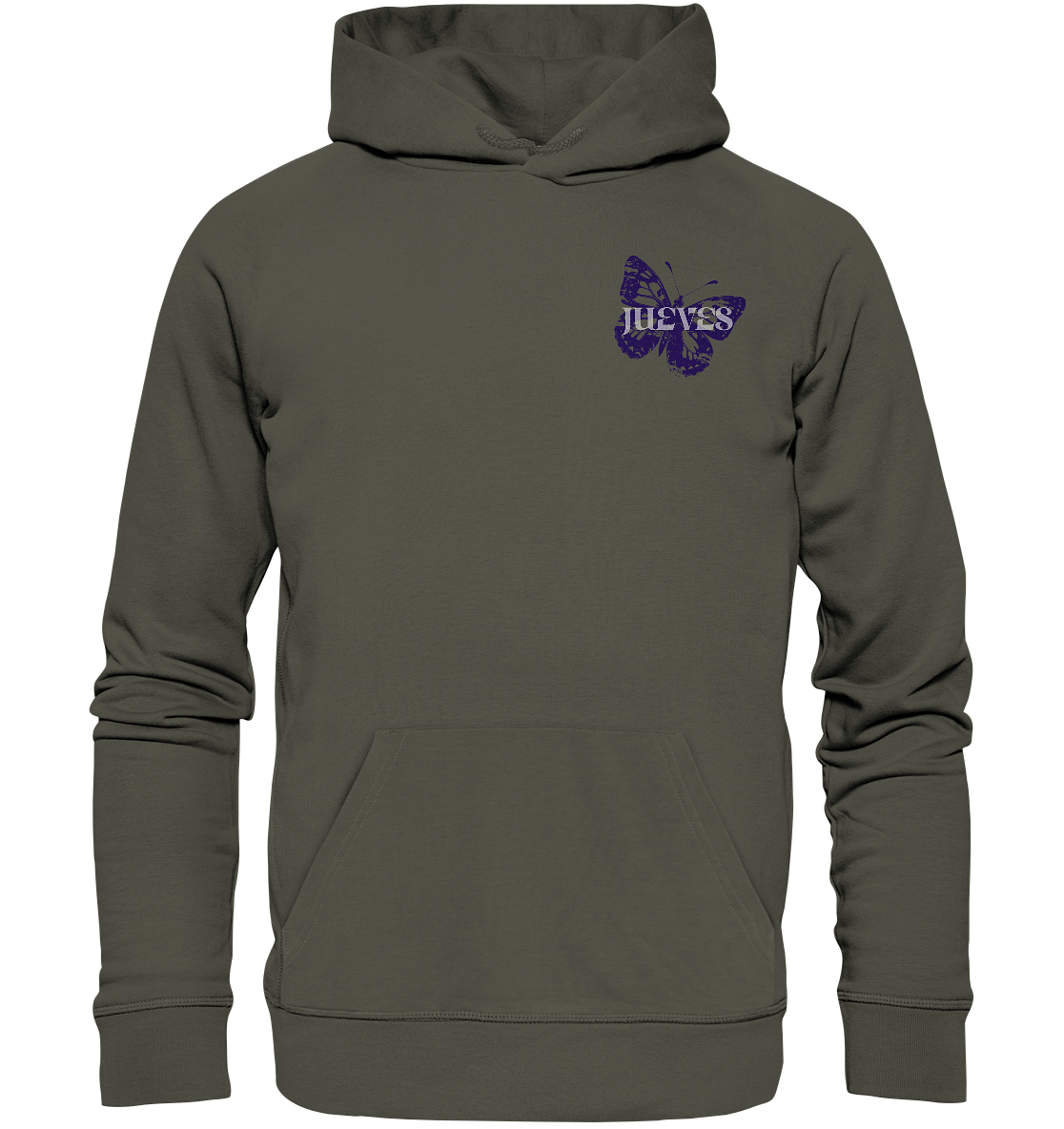 khaki Classic Hoodie von Jueves Apparel mit kleinem Brustdruck im klassischen Schnitt – nachhaltiger Streetwear-Look aus 100 % Bio-Baumwolle
