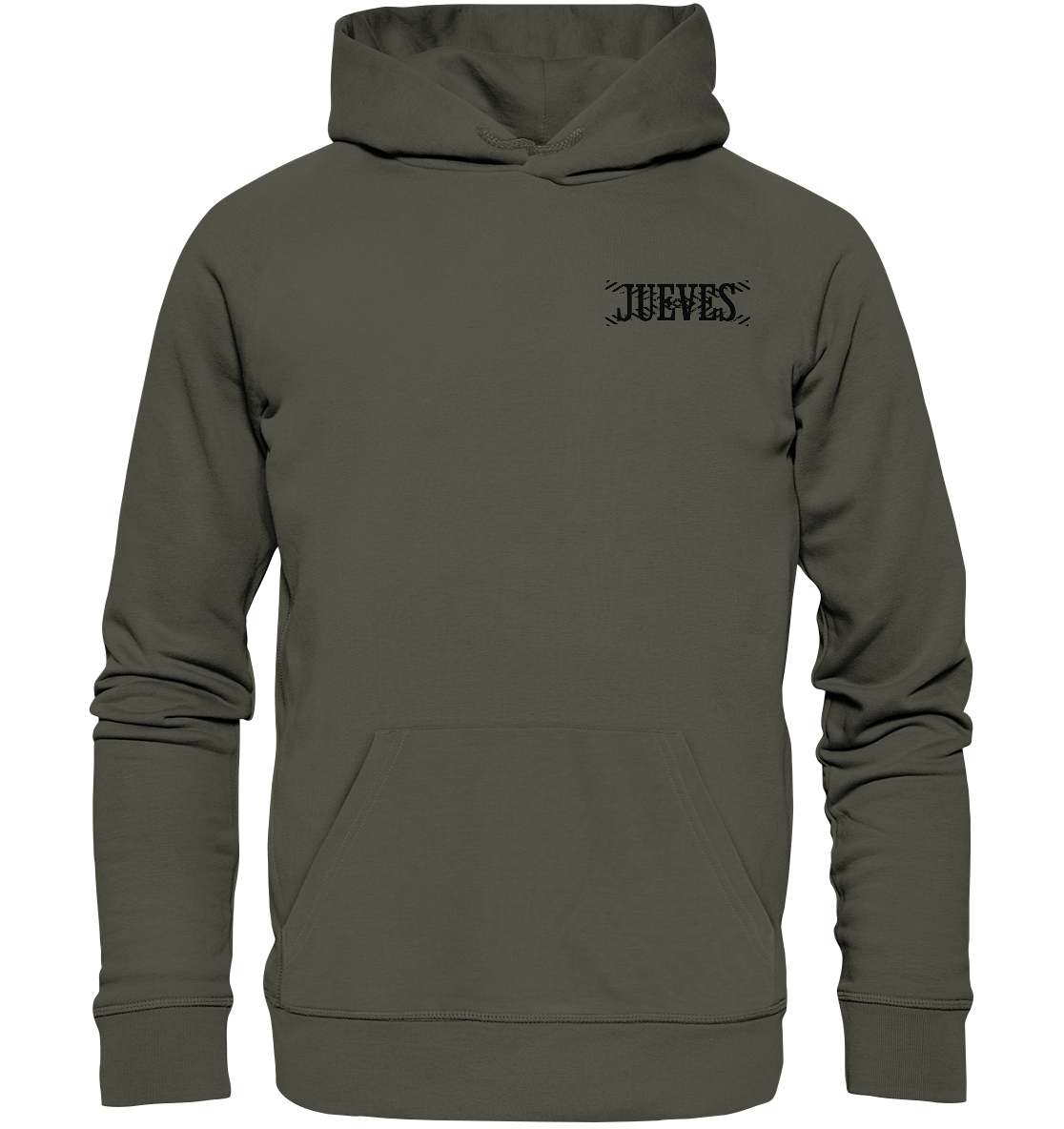 khaki Classic Hoodie von Jueves Apparel mit kleinem Brustdruck im klassischen Schnitt – nachhaltiger Streetwear-Look aus 100 % Bio-Baumwolle