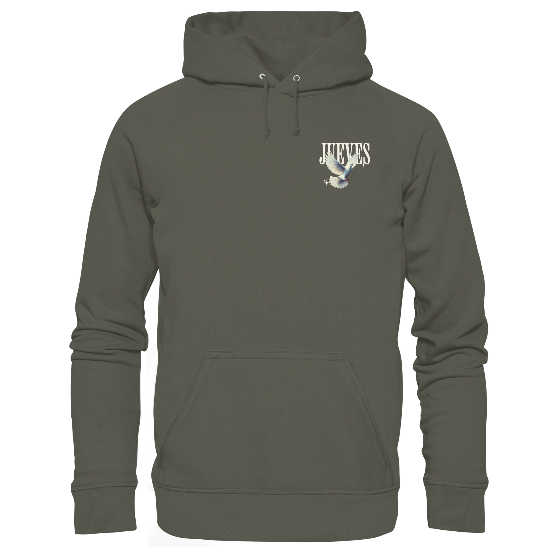 khaki Classic Hoodie von Jueves Apparel mit kleinem Brustdruck im klassischen Schnitt – nachhaltiger Streetwear-Look aus 100 % Bio-Baumwolle
