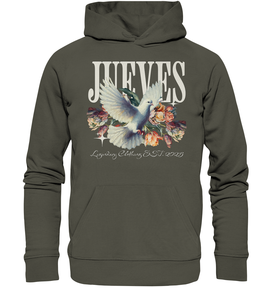 khaki Classic Hoodie von Jueves Apparel mit Brustdruck im klassischen Schnitt – nachhaltiger Streetwear-Look aus 100 % Bio-Baumwolle