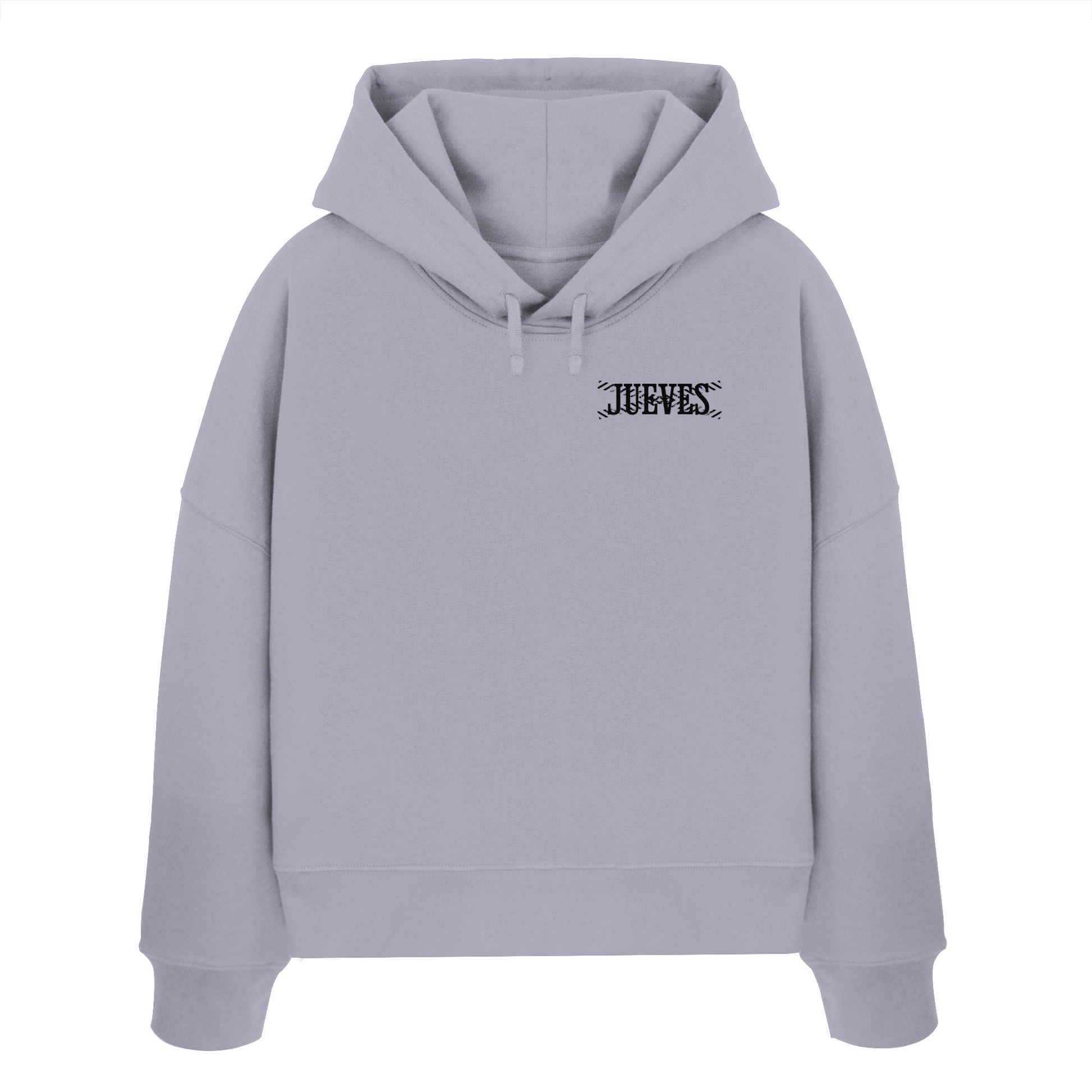 Frontansicht des lavendel Damen oversized Boxcut Hoodies von Jueves Apparel mit oversized Schnitt, Druck auf der Brust– Streetwear aus 100 % Bio-Baumwolle, 300 g/m² Stoffgewicht.