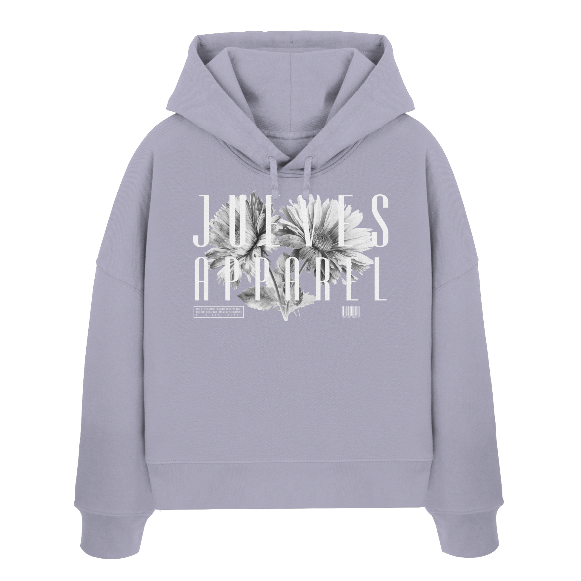 Frontansicht des lavendel Damen oversized Boxcut Hoodies von Jueves Apparel mit oversized Schnitt, Druck auf der Brust– Streetwear aus 100 % Bio-Baumwolle, 300 g/m² Stoffgewicht.