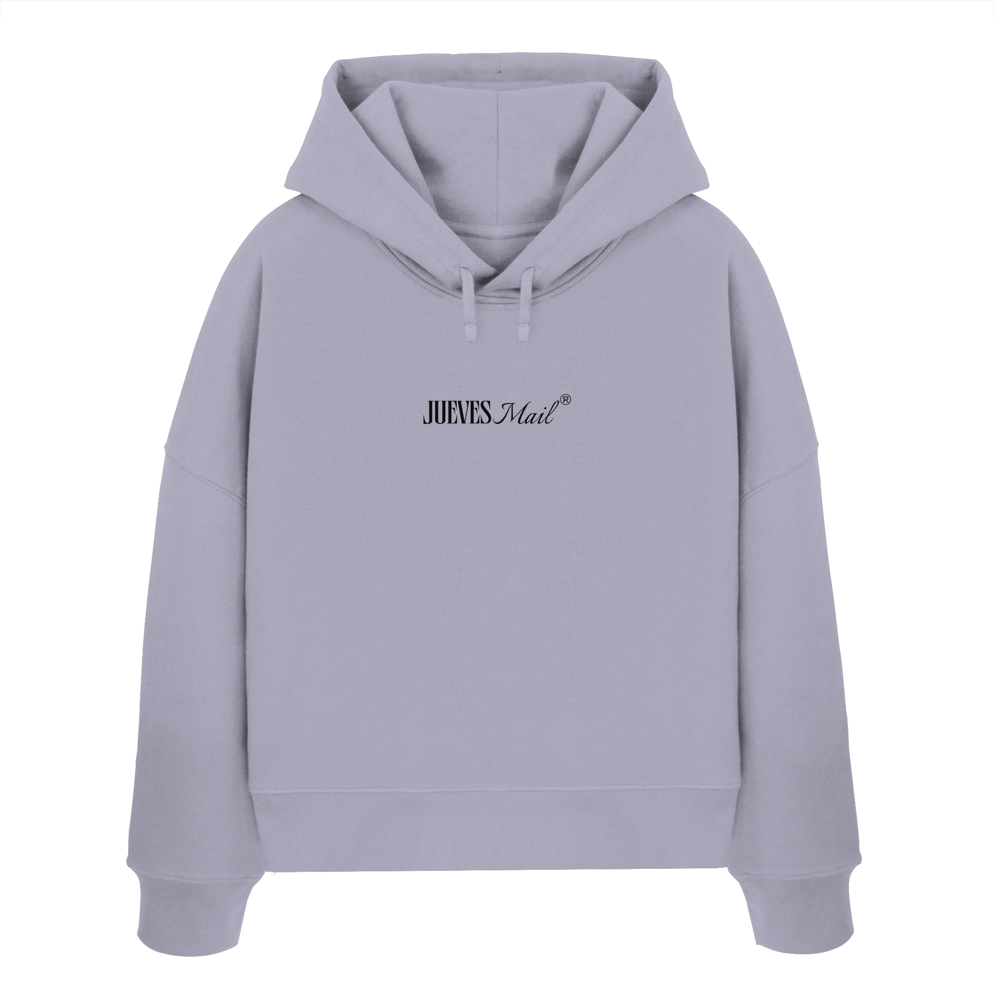 Frontansicht des lavendel Damen oversized Boxcut Hoodies von Jueves Apparel mit oversized Schnitt, Druck auf der Brust– Streetwear aus 100 % Bio-Baumwolle, 300 g/m² Stoffgewicht.