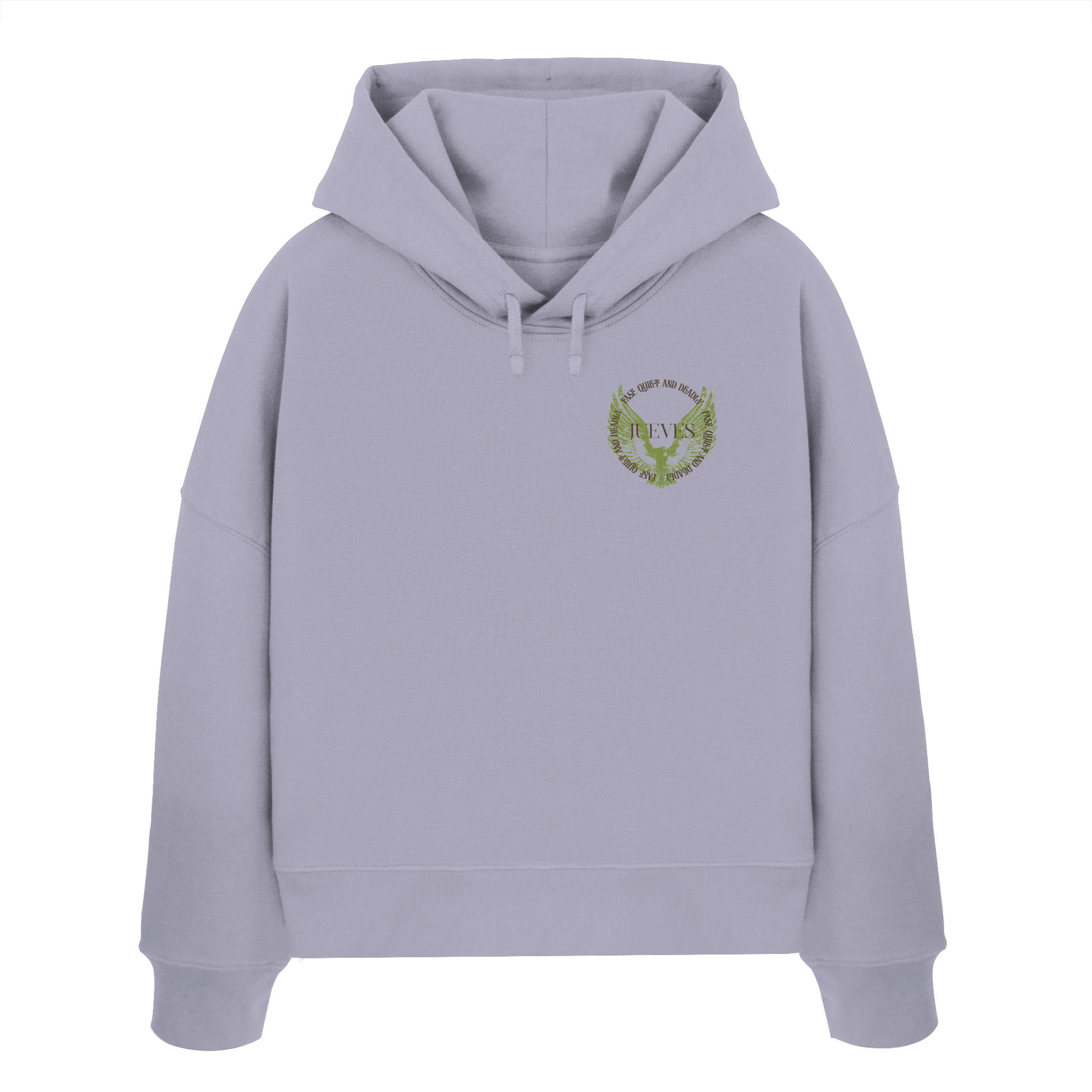 Frontansicht des lavendel Damen oversized Boxcut Hoodies von Jueves Apparel mit oversized Schnitt, Druck auf der Brust– Streetwear aus 100 % Bio-Baumwolle, 300 g/m² Stoffgewicht.