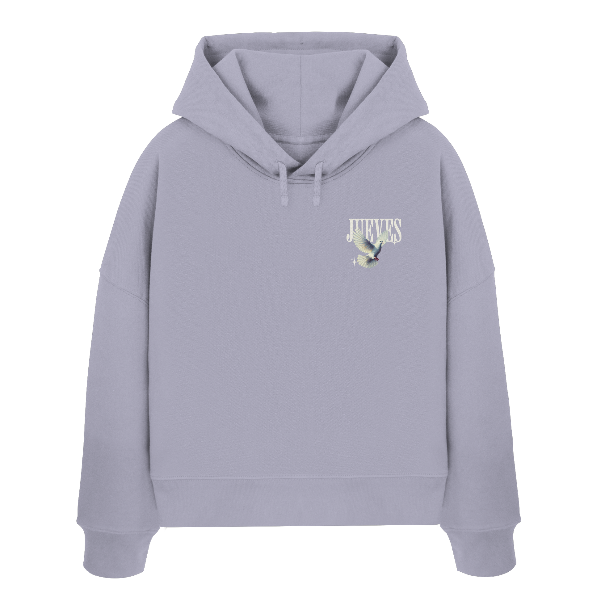 Frontansicht des lavendel Damen oversized Boxcut Hoodies von Jueves Apparel mit oversized Schnitt, Druck auf der Brust– Streetwear aus 100 % Bio-Baumwolle, 300 g/m² Stoffgewicht.
