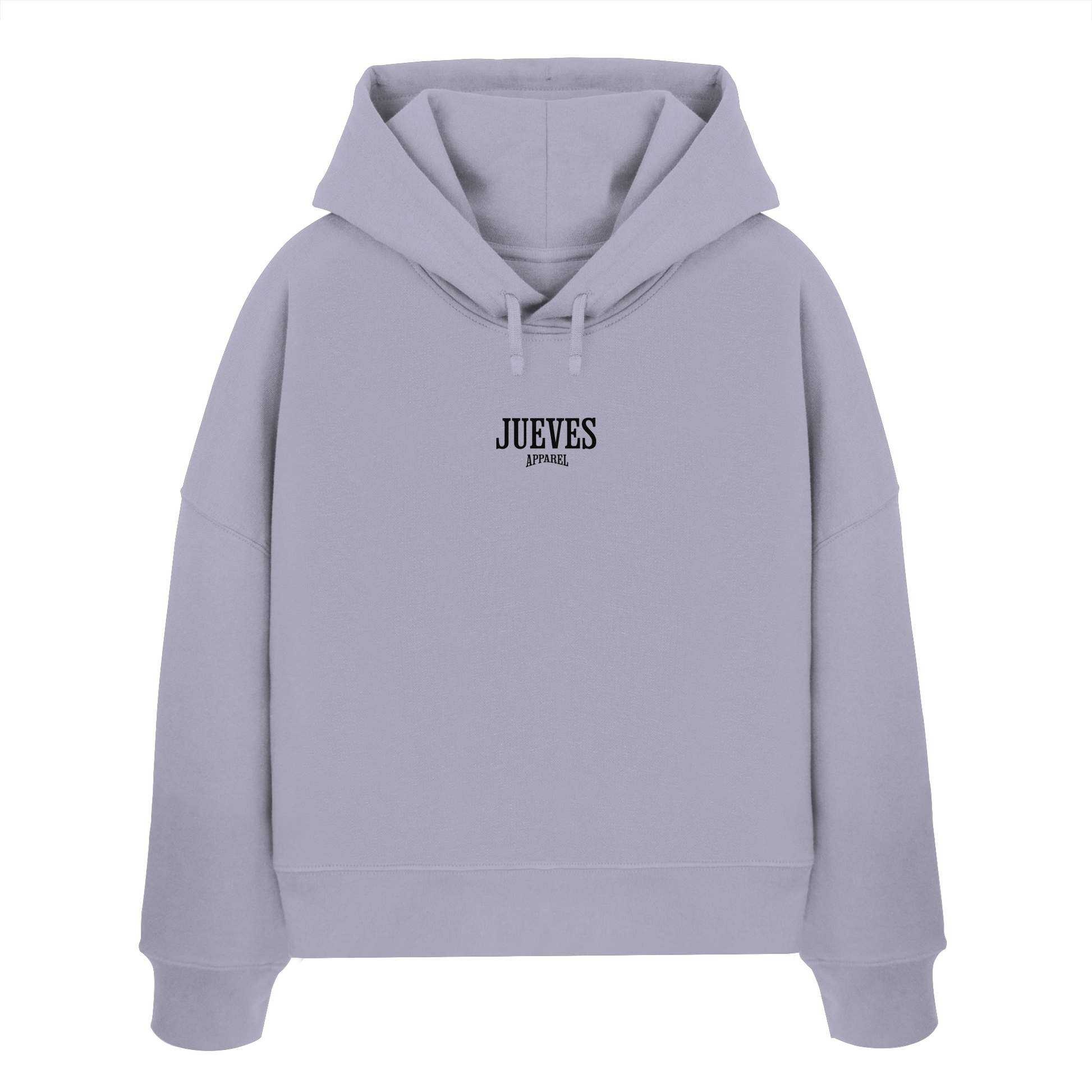 Frontansicht des lavendel Damen oversized Boxcut Hoodies von Jueves Apparel mit oversized Schnitt, Druck auf der Brust– Streetwear aus 100 % Bio-Baumwolle, 300 g/m² Stoffgewicht.