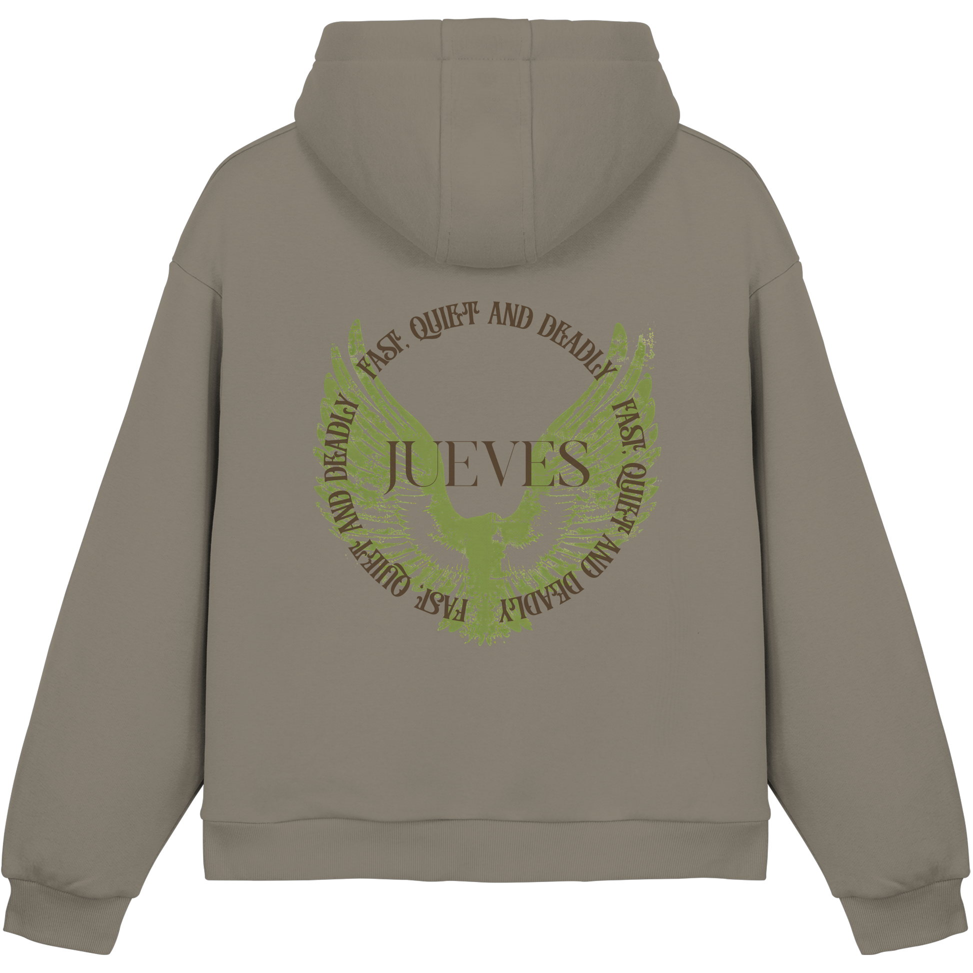 olive Jueves Apparel Oversized Boxcut Hoodie mit markantem Rückendruck – urbaner Streetwear-Style aus Baumwolle