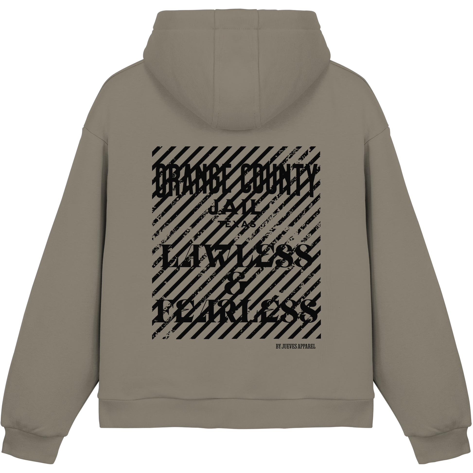 olive Jueves Apparel Oversized Boxcut Hoodie mit markantem Rückendruck – urbaner Streetwear-Style aus Baumwolle