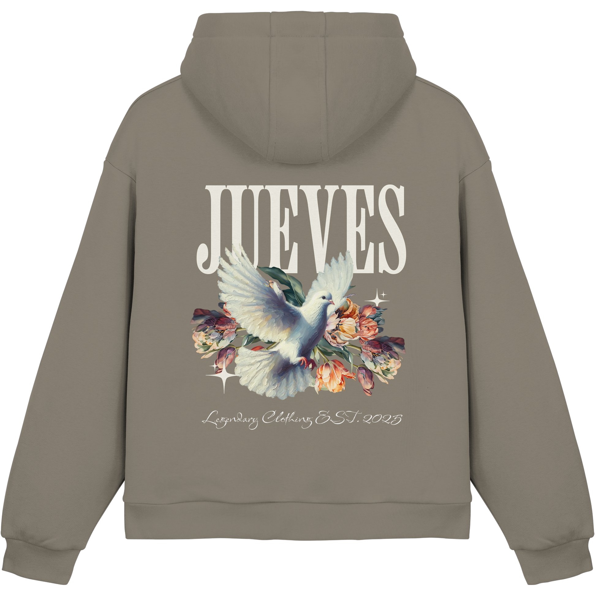 olive Jueves Apparel Oversized Boxcut Hoodie mit markantem Rückendruck – urbaner Streetwear-Style aus Baumwolle