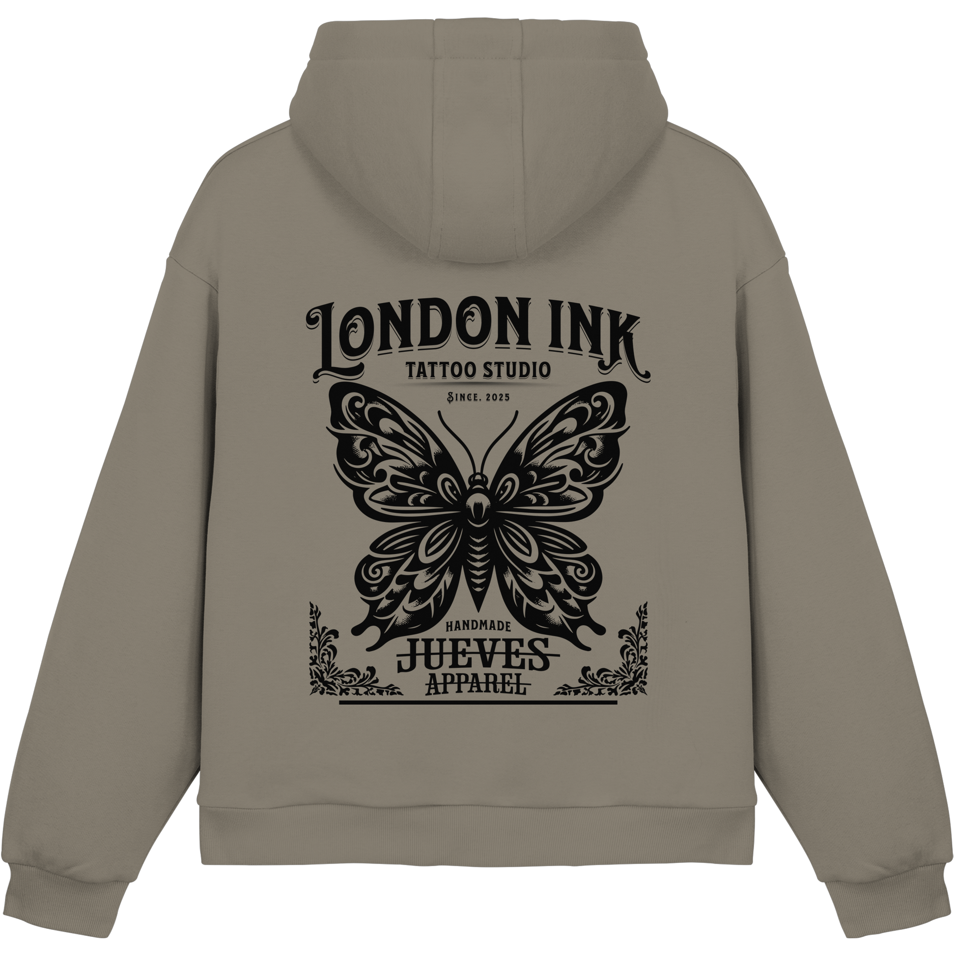 olive Jueves Apparel Oversized Boxcut Hoodie mit markantem Rückendruck – urbaner Streetwear-Style aus Baumwolle