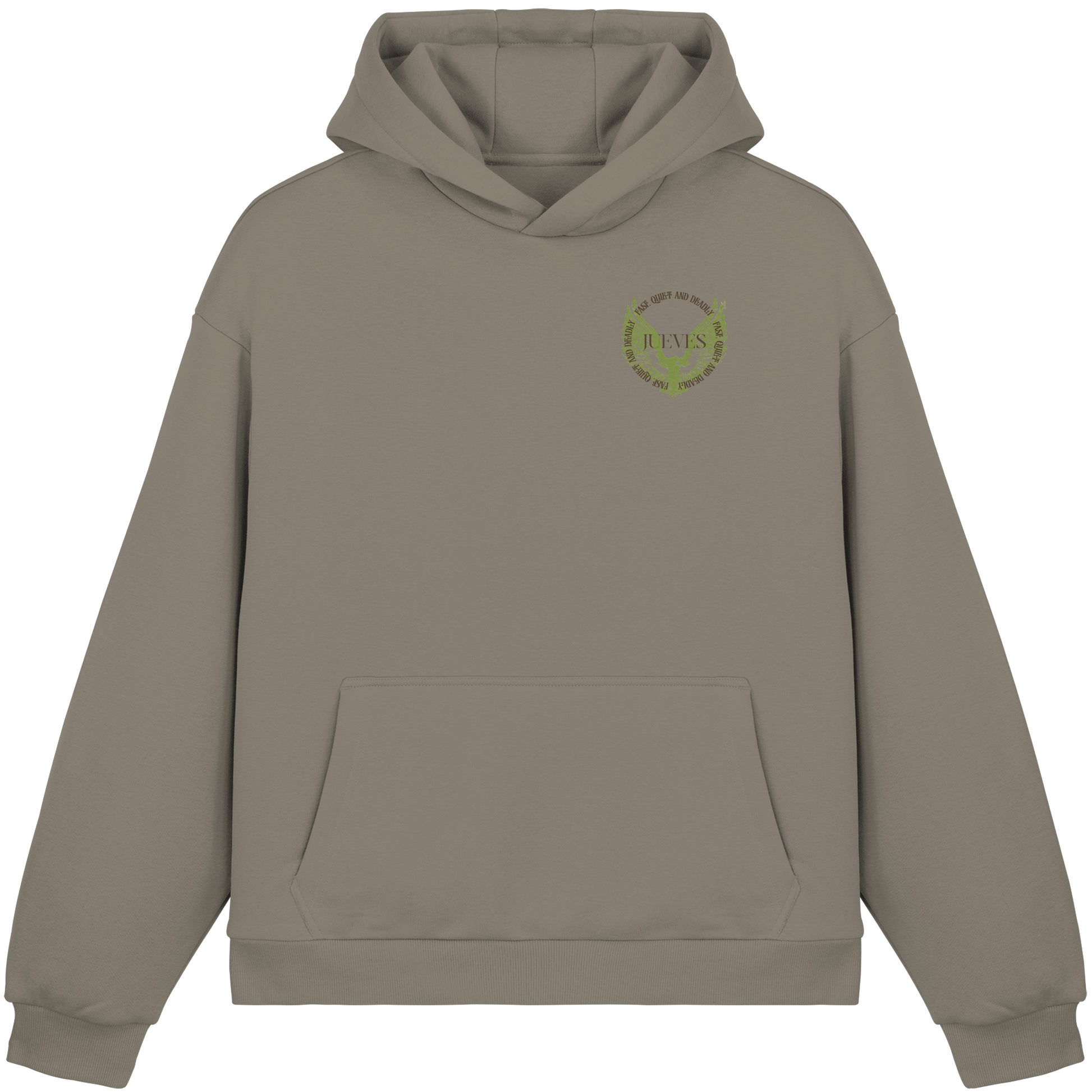 olive Oversized Boxcut Hoodie von Jueves Apparel mit Brustdruck – nachhaltige Streetwear aus 70% Baumwolle