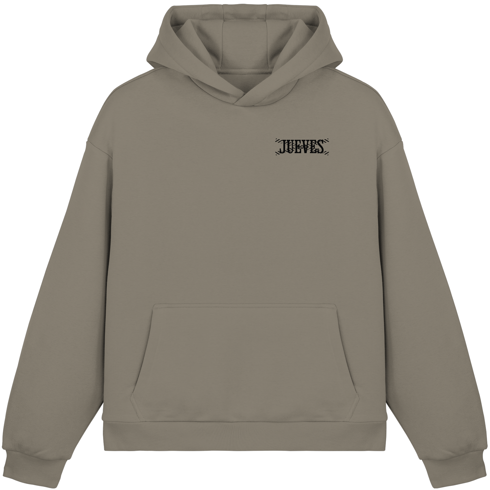 olive Oversized Boxcut Hoodie von Jueves Apparel mit Brustdruck – nachhaltige Streetwear aus 70% Baumwolle